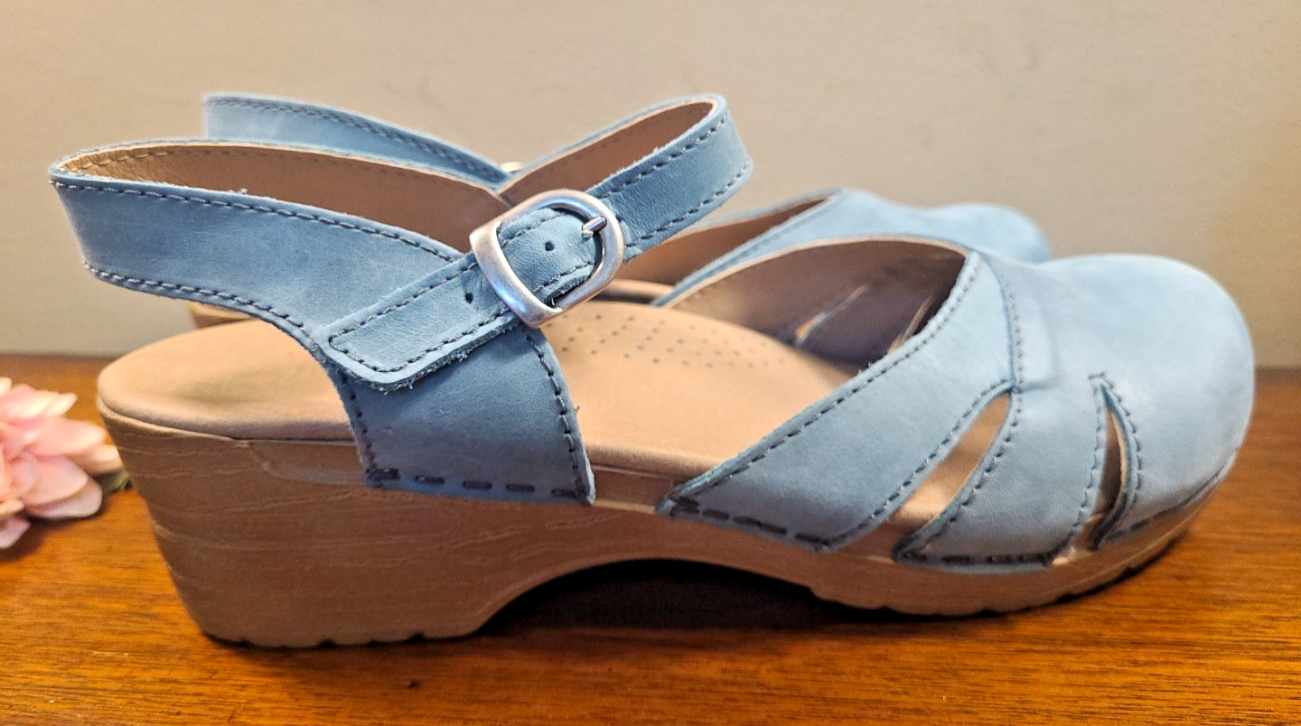 Sanita MARGRETHE Blue Suede Slingback Clog Sandals Sz 40 9 Platform Closed Toe