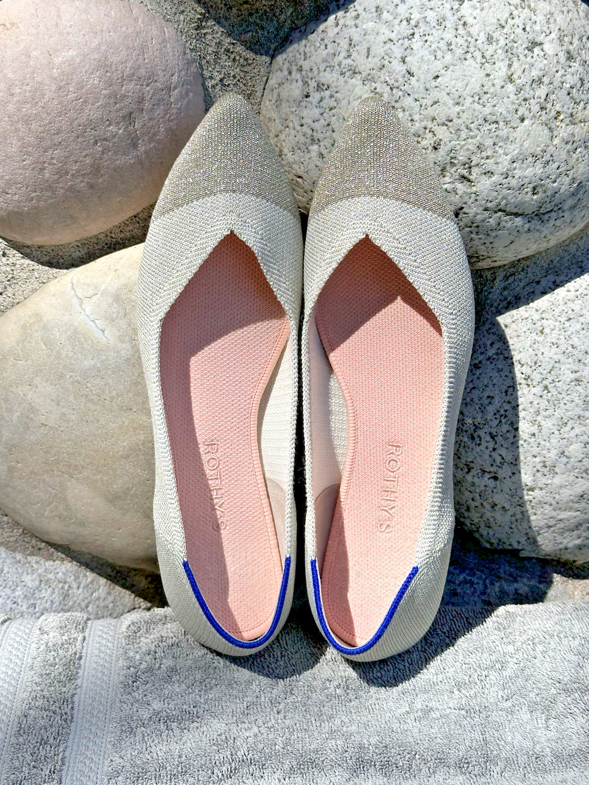 Rothy’s The Point Sz 10 Diamond Metallic Beige Silver Gold Pointed Ballet Flats