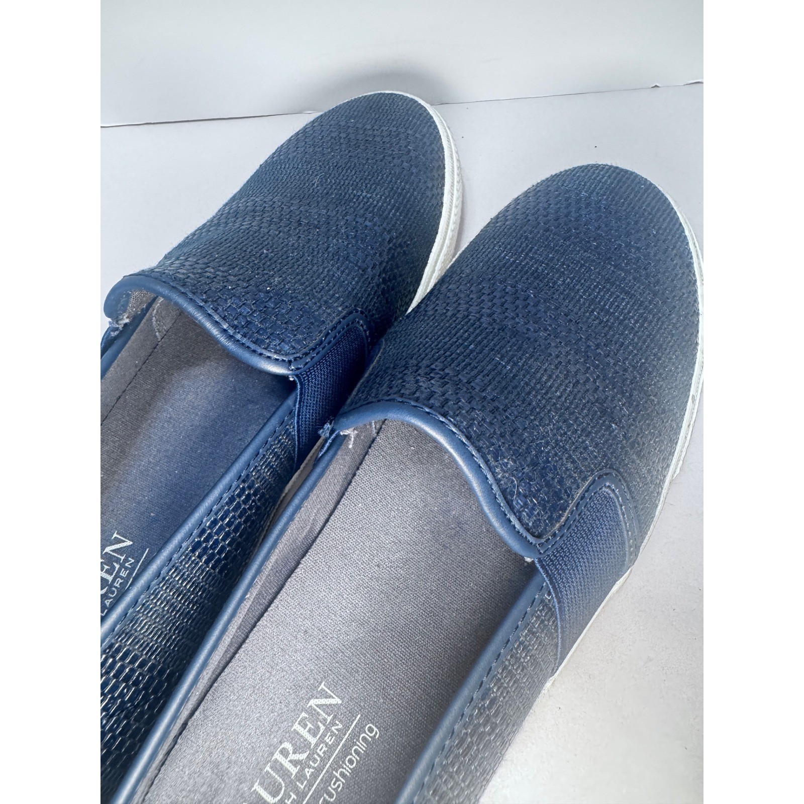 Lauren Ralph Lauren Jinny Navy Blue Woven Slip On Sneakers Shoes Womens 9 Preppy