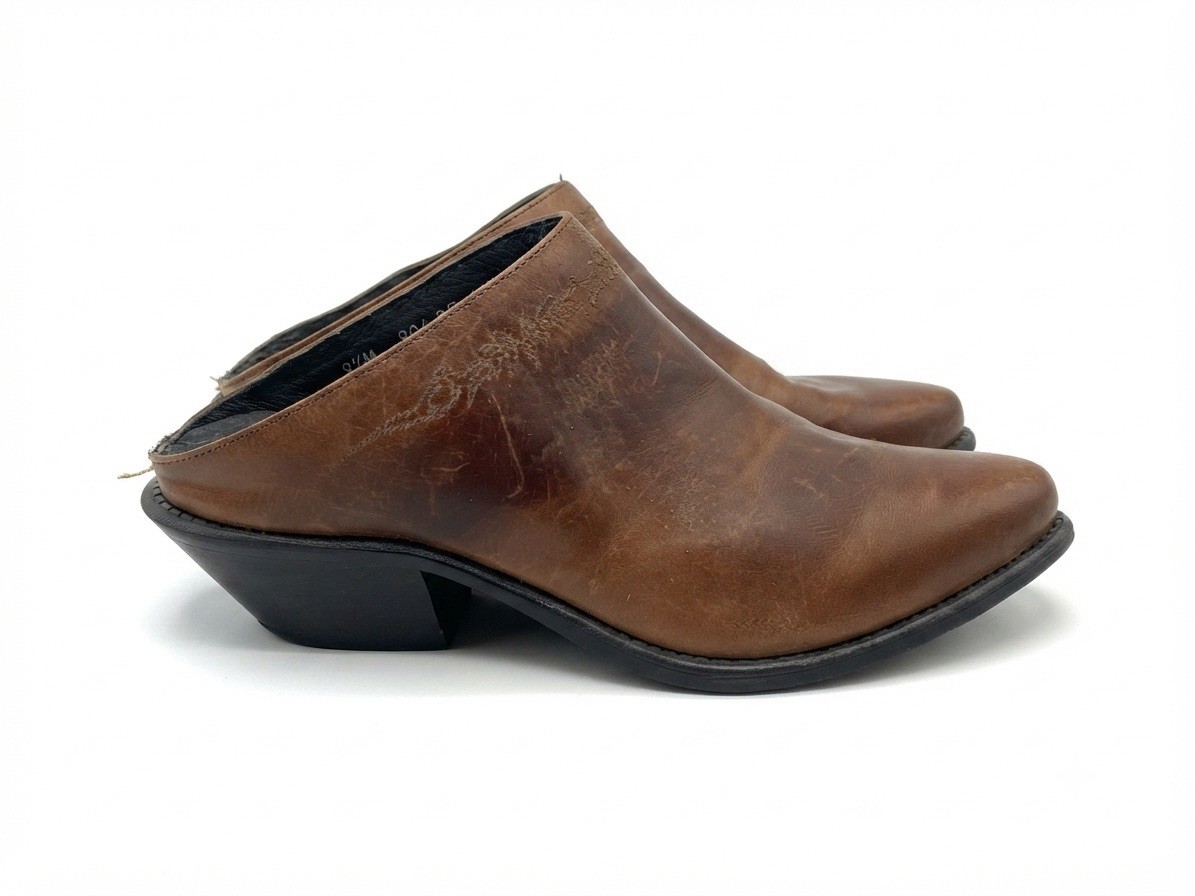 VTG 90s Code West Brown Leather Western Mules Women 8.5 M Slip On Cowboy Slides