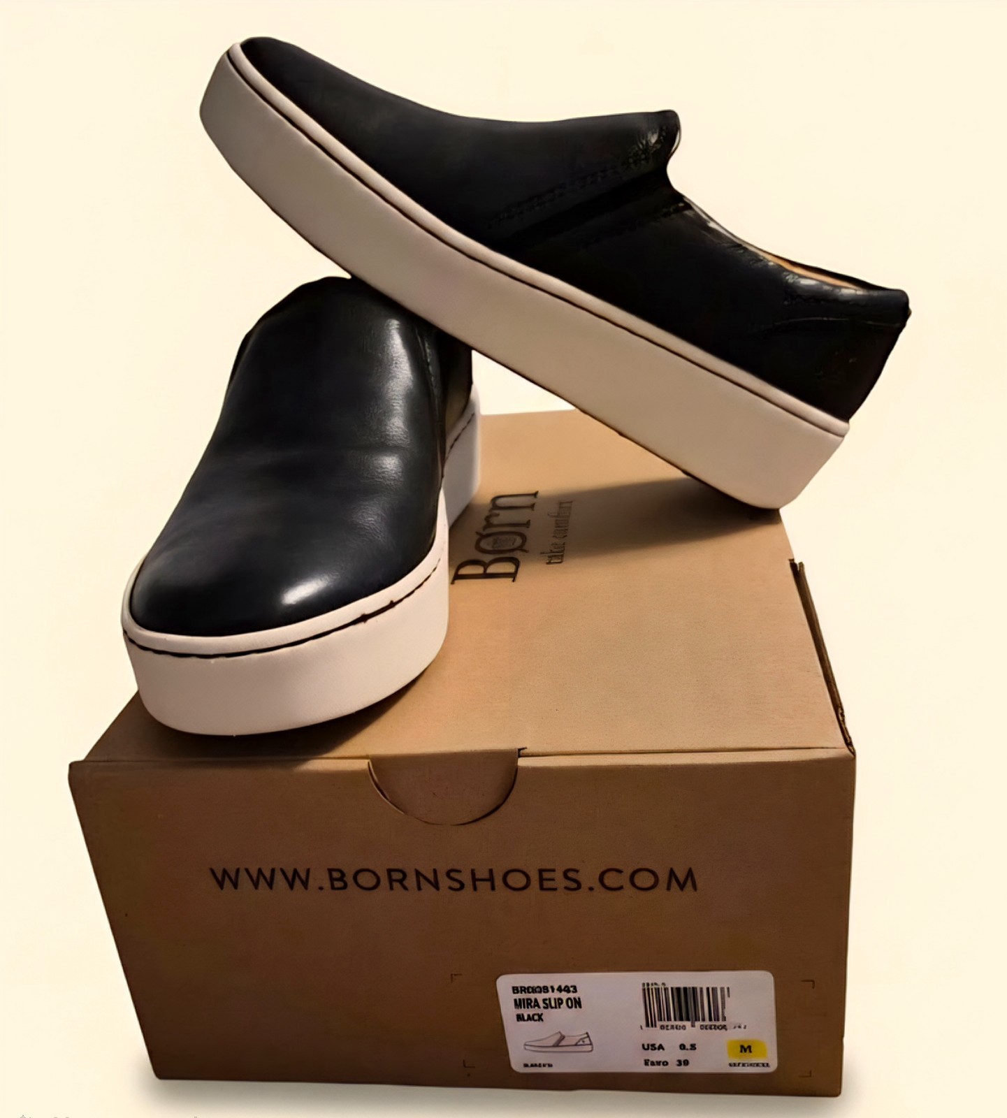 “Born” Mira Slip On, Leather, W 8.5, Black. New with Box, Retail $135