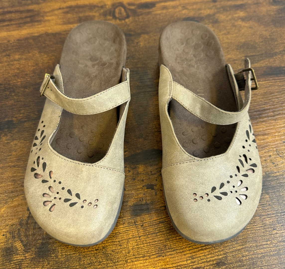 Vionic Rest Midway Mary Jane Mules Taupe Laser Cut Floral Orthotic Shoes Size 8
