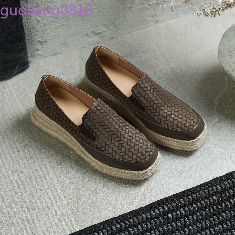 Weave Women’s Leather Casual Shoes Round Toe Platform Wedge Heel Loafer Platform