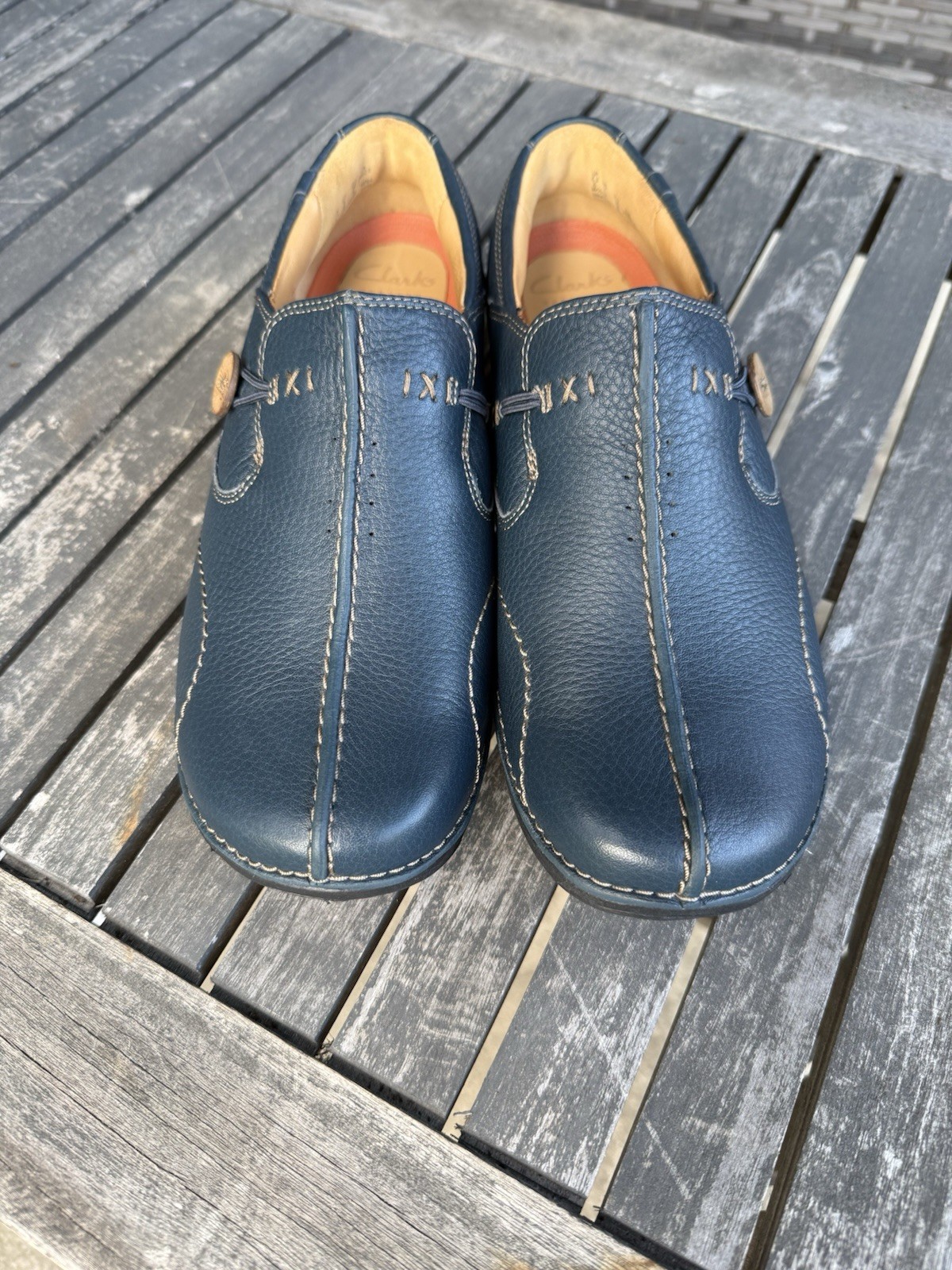 Clarks Structured Un Loop Women’s Blue Leather Slip On Loafer Sz 8M