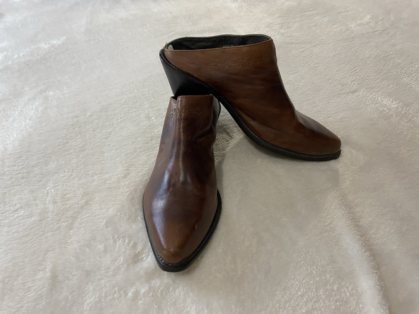 VTG 90s Code West Brown Leather Western Mules Women 8.5 M Slip On Cowboy Slides