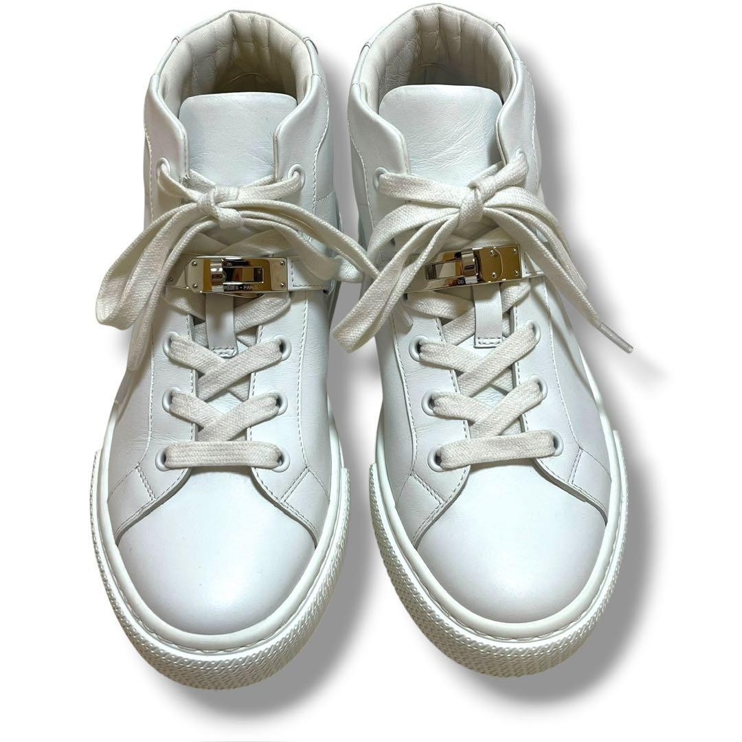 HERMES Daydream High Top Sneakers White Leather Kelly Buckle Women’s EU36 US6