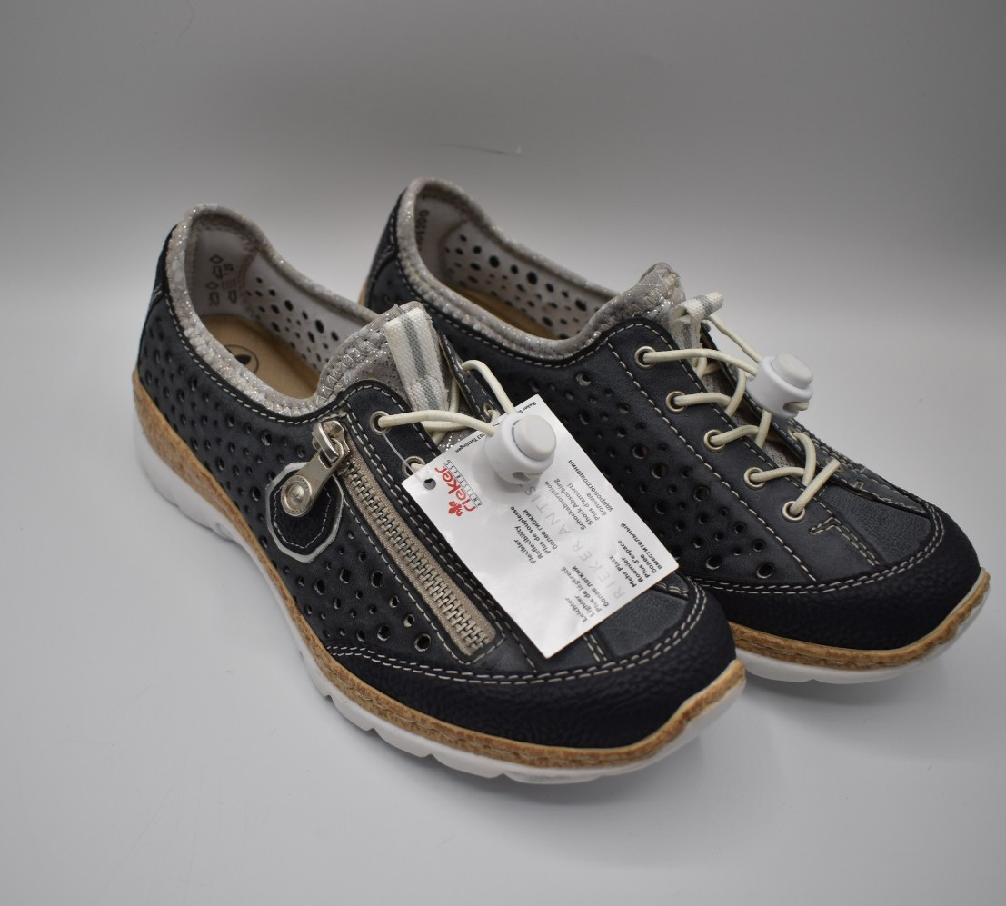Reiker Nikita Blue Laser-Cut Leather Slip-In Zip Pocket Shoes 37 EU 6.5-7 US