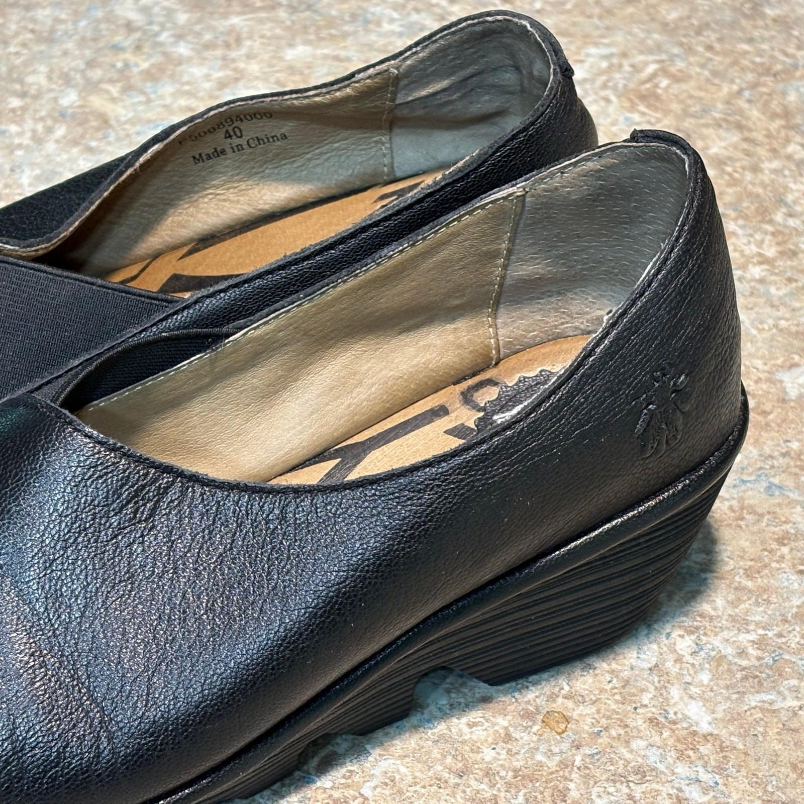Fly London Black Peso Wedge Classic Comfort Leather Slip on Shoes Size 40