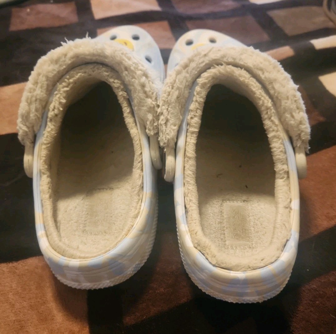 Crocs Baya Lined Fuzz Strap Mens Womens Clogs Marble White W7 M5 Smiley Faces