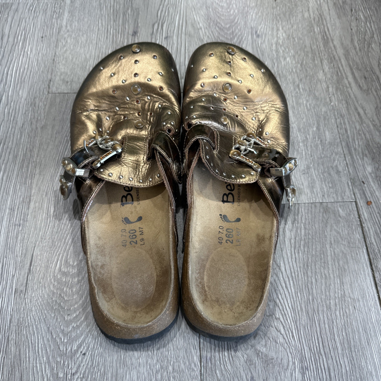 Birkenstock Betula Boston Clogs Rocko Gold Leather Buckle Rhinestones Sz 9