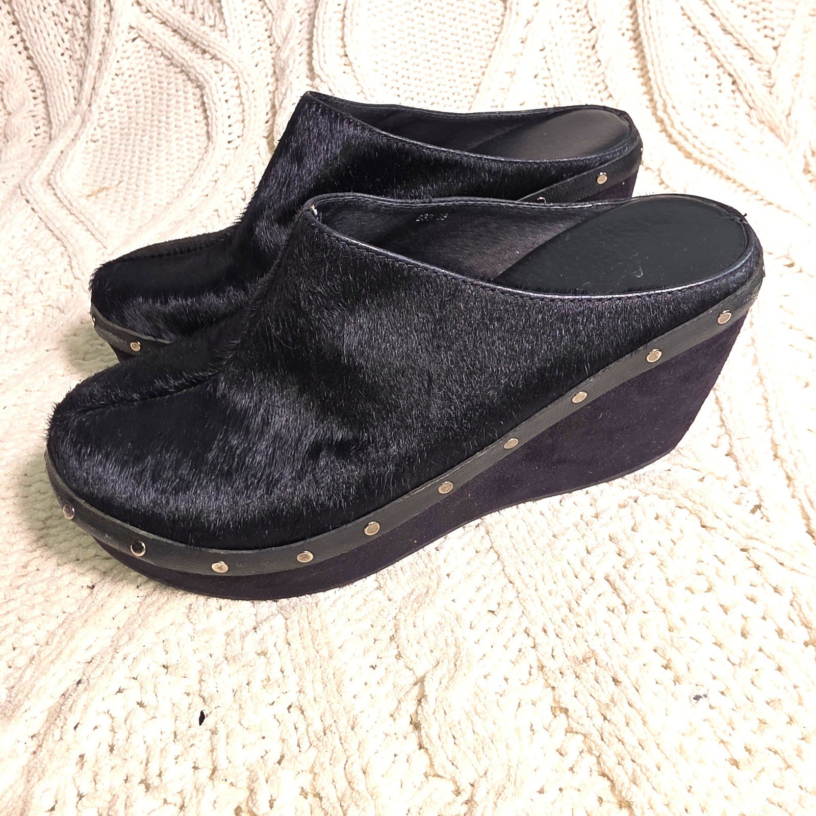 Antelope Clogs Mules Pony Hair Black Studded Leather Wedge Women 39 8 8.5