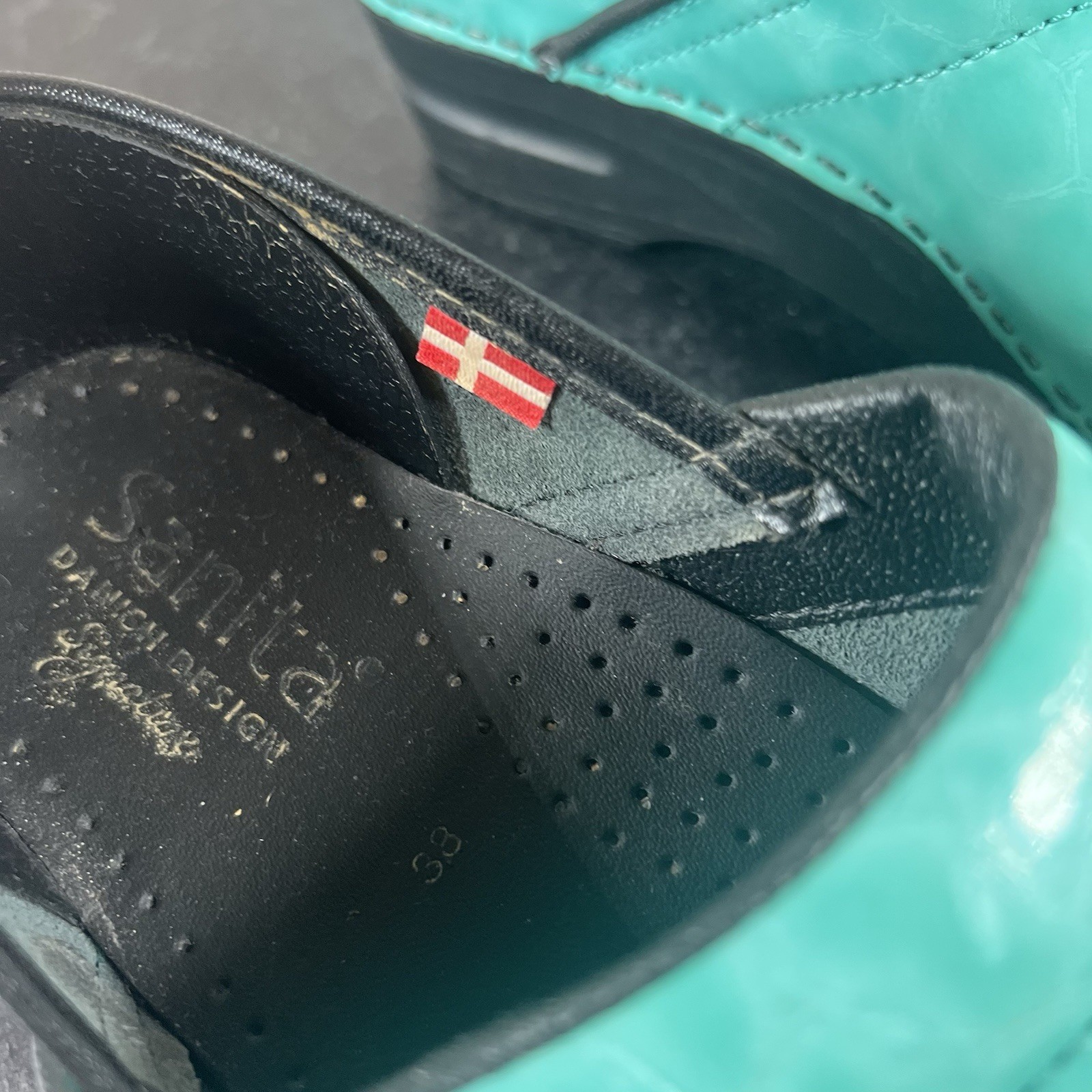 Sanita Professional Patent Leather Clogs Mint Teal Water Pattern Size 38 US 7.5