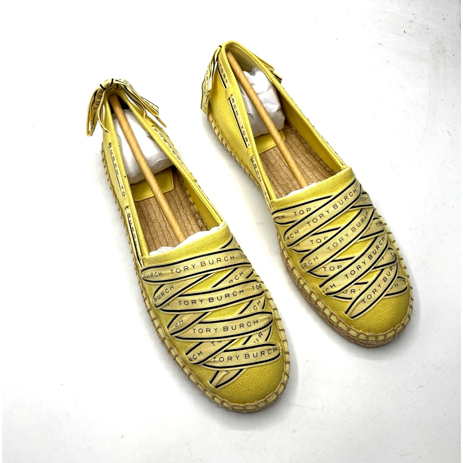 Tory Burch Tory Ribbon Espadrille Blonde Straw Dark Seaweed Yellow Size 9 NEW