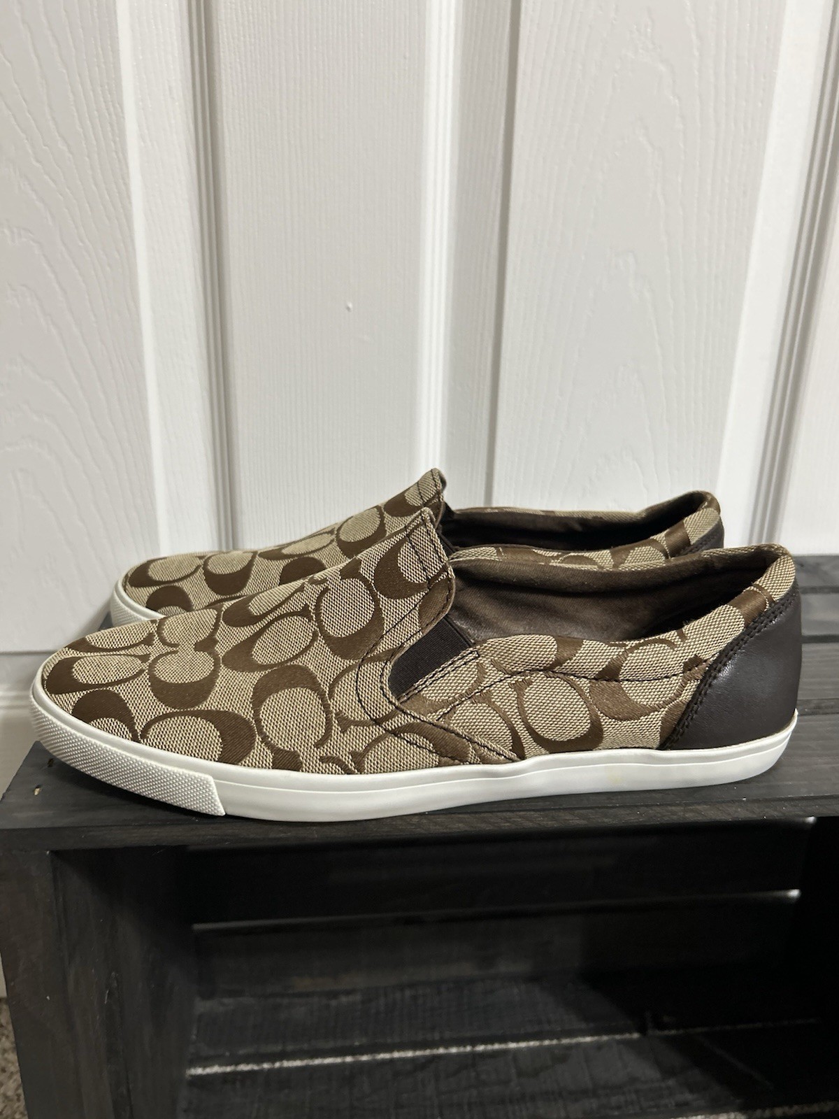 Brown Canvas Coach Allegra Slip On Sneakers W/ Signature Logo Sz 8.5B