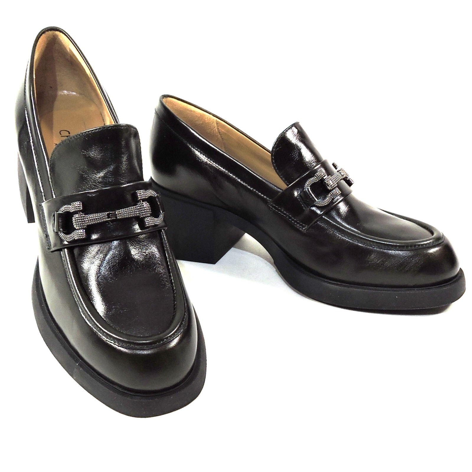 CHIARA COLINI 🇮🇹 WOMEN’S BLACK SOFT LEATHER COMFORT HEELED LOFERS