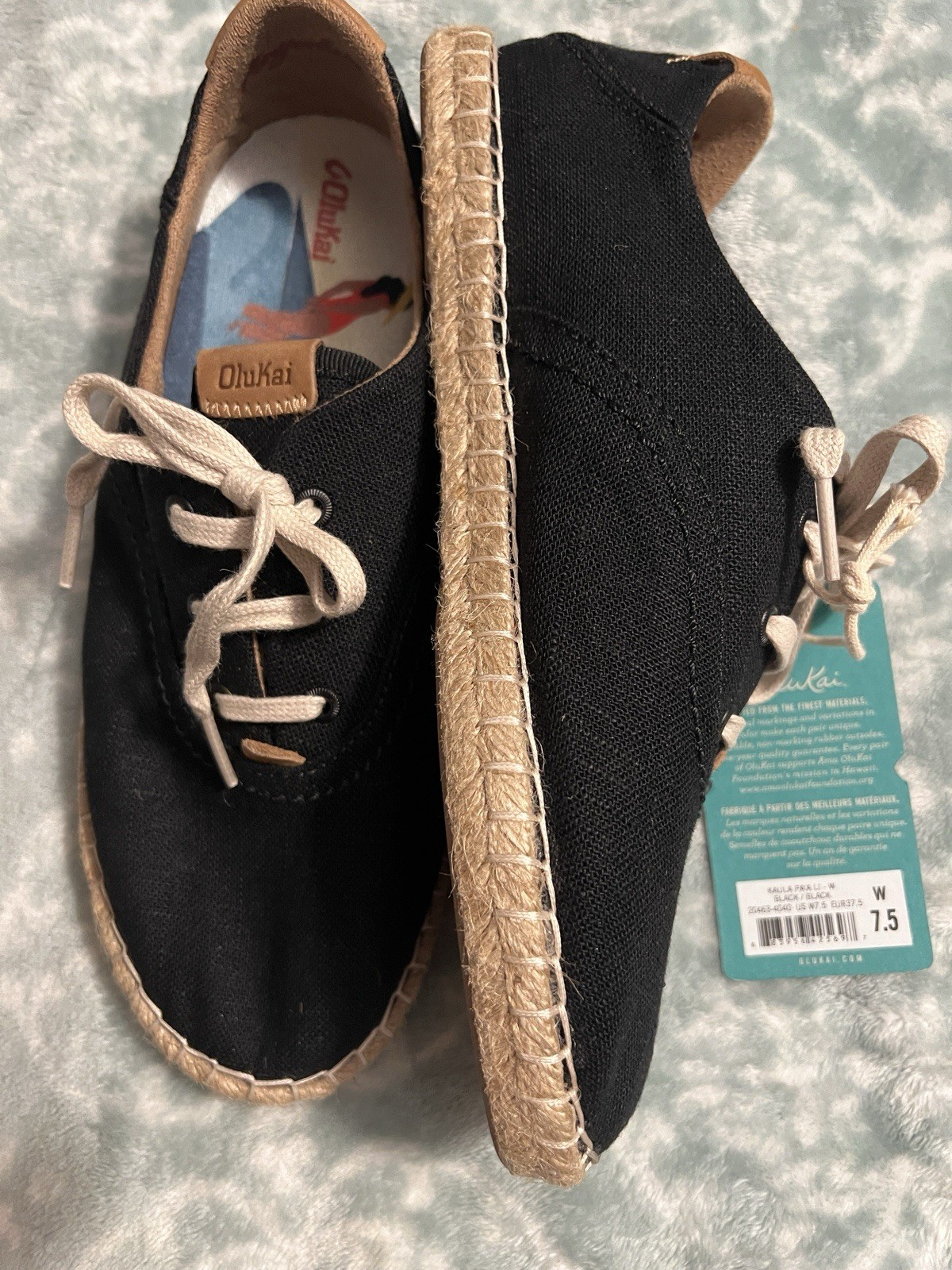 BRAND NEW OluKai Kaula Paa Li Linen Espadrille Black W Size 7.5