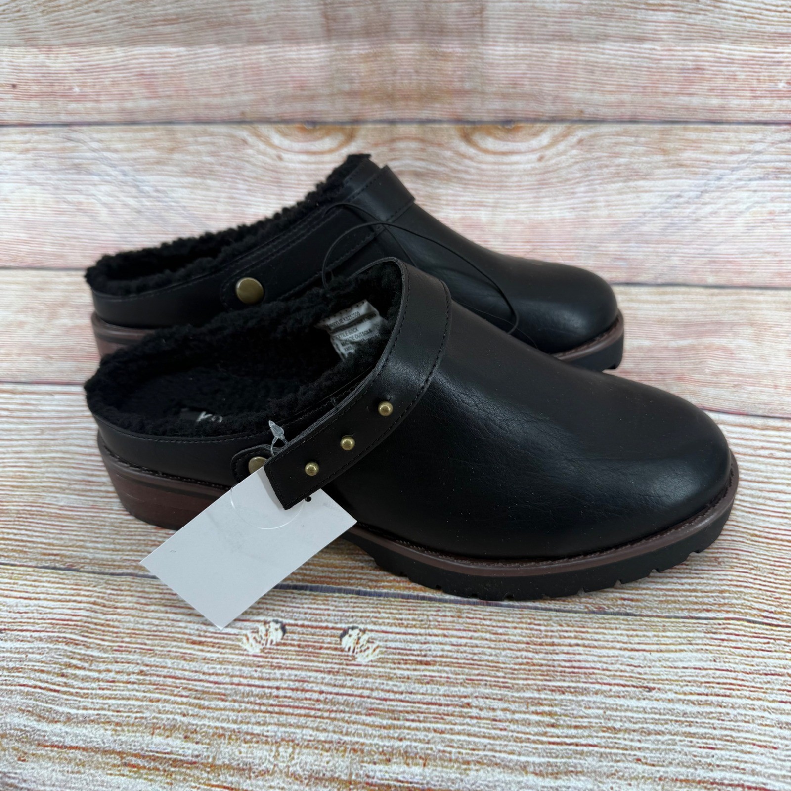 Kensie Wrylie Black Faux Leather Faux Fur Lined Lug Sole Clogs Mules KS252500 8