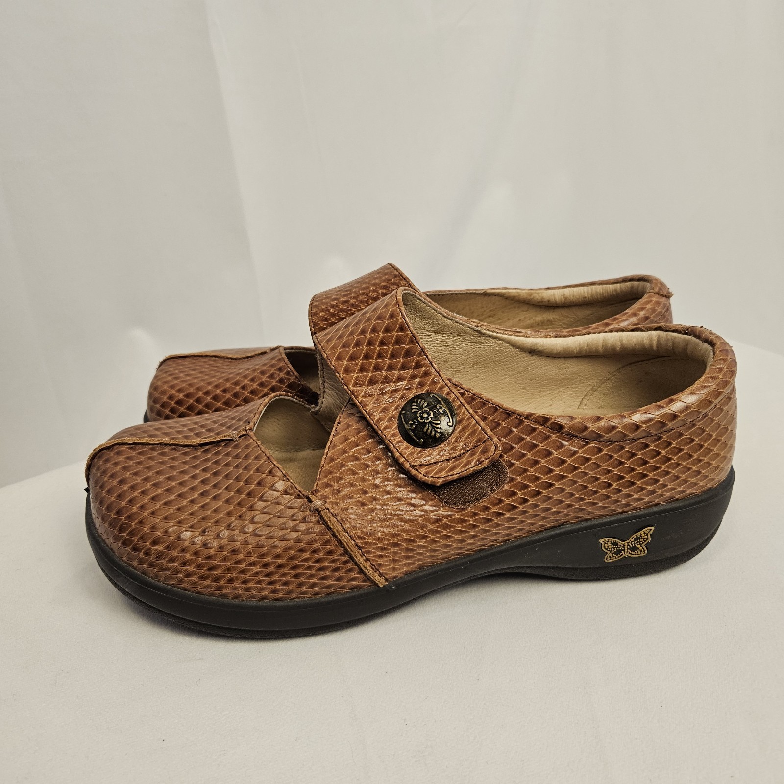Alegria Brown Snake Embossed Leather Mary Jane Clogs Comfort KAI-712 Size 41