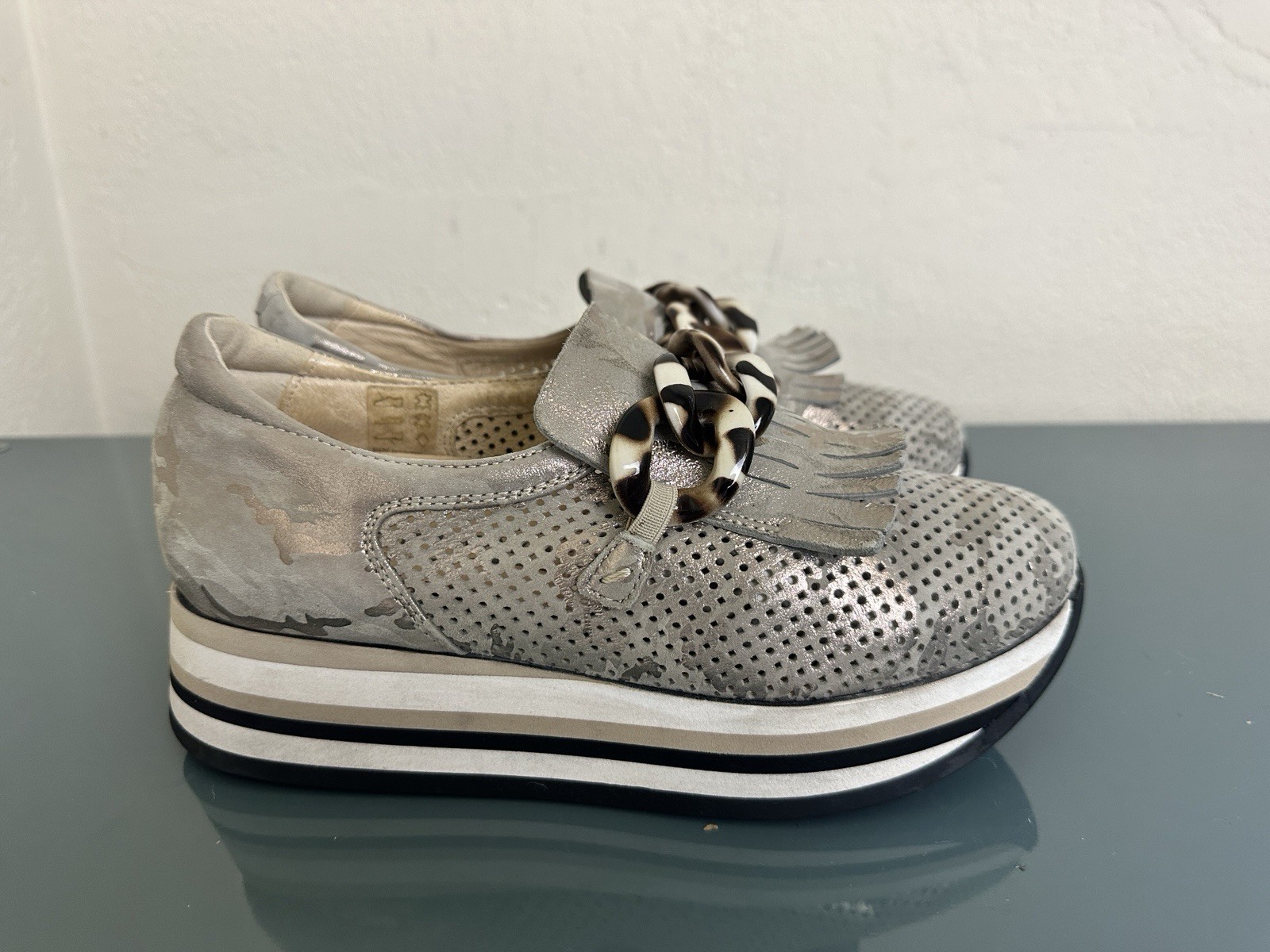 Softwaves Cadie Silver Camo Metallic Tassel Loafer Platform Sneakers Shoes 36.5
