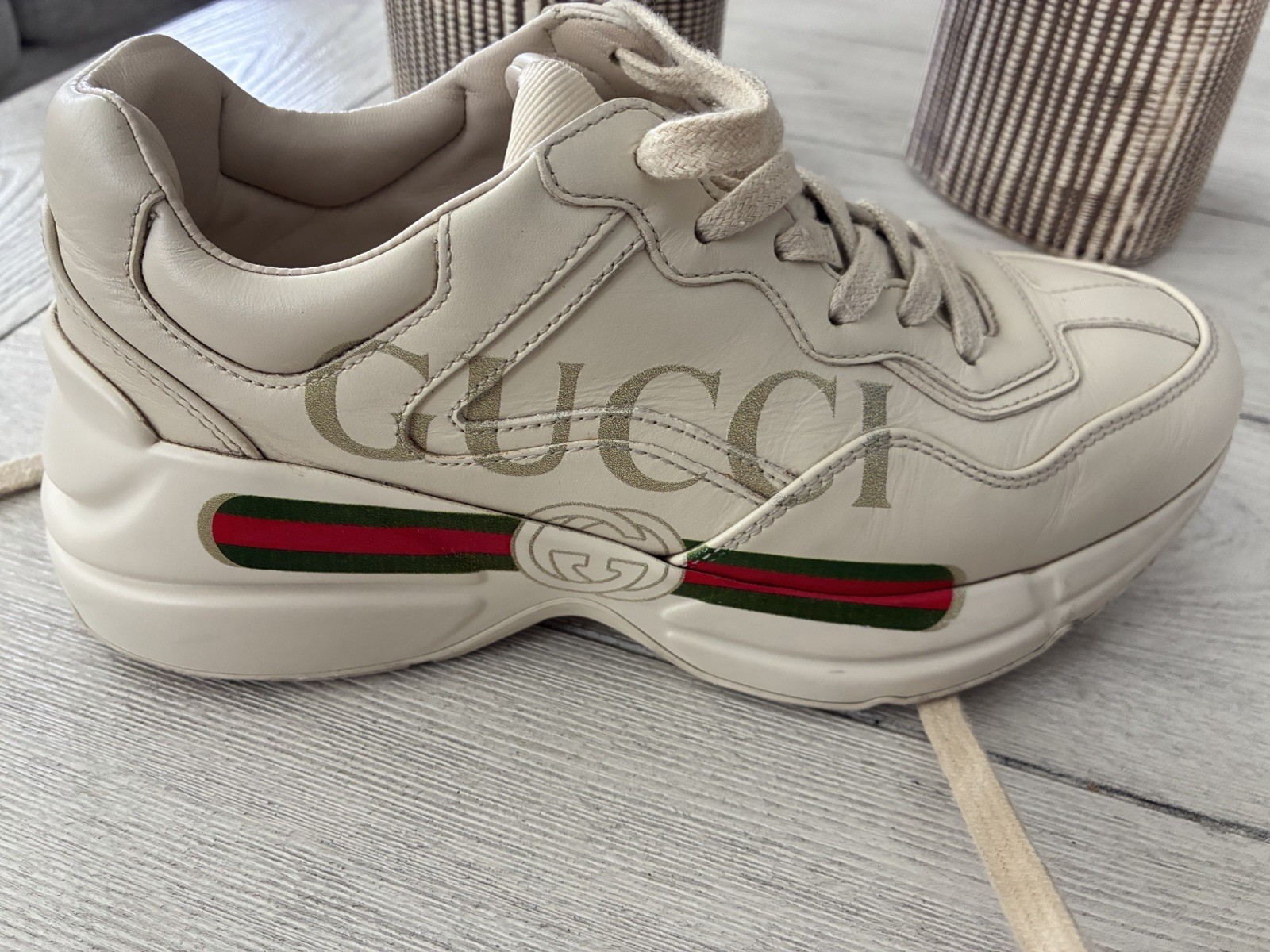 Gucci Rhyton Beige Logo Red-Green Stripe Leather Women’s Casual Sneakers