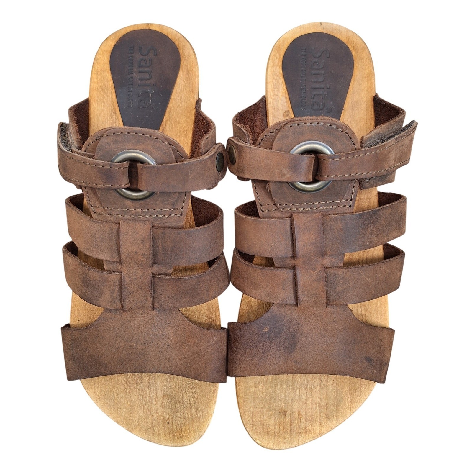 Sanita Brown Leather Wood Platform Clog Sandals Women’s 7.5 Strappy Danish Clogs