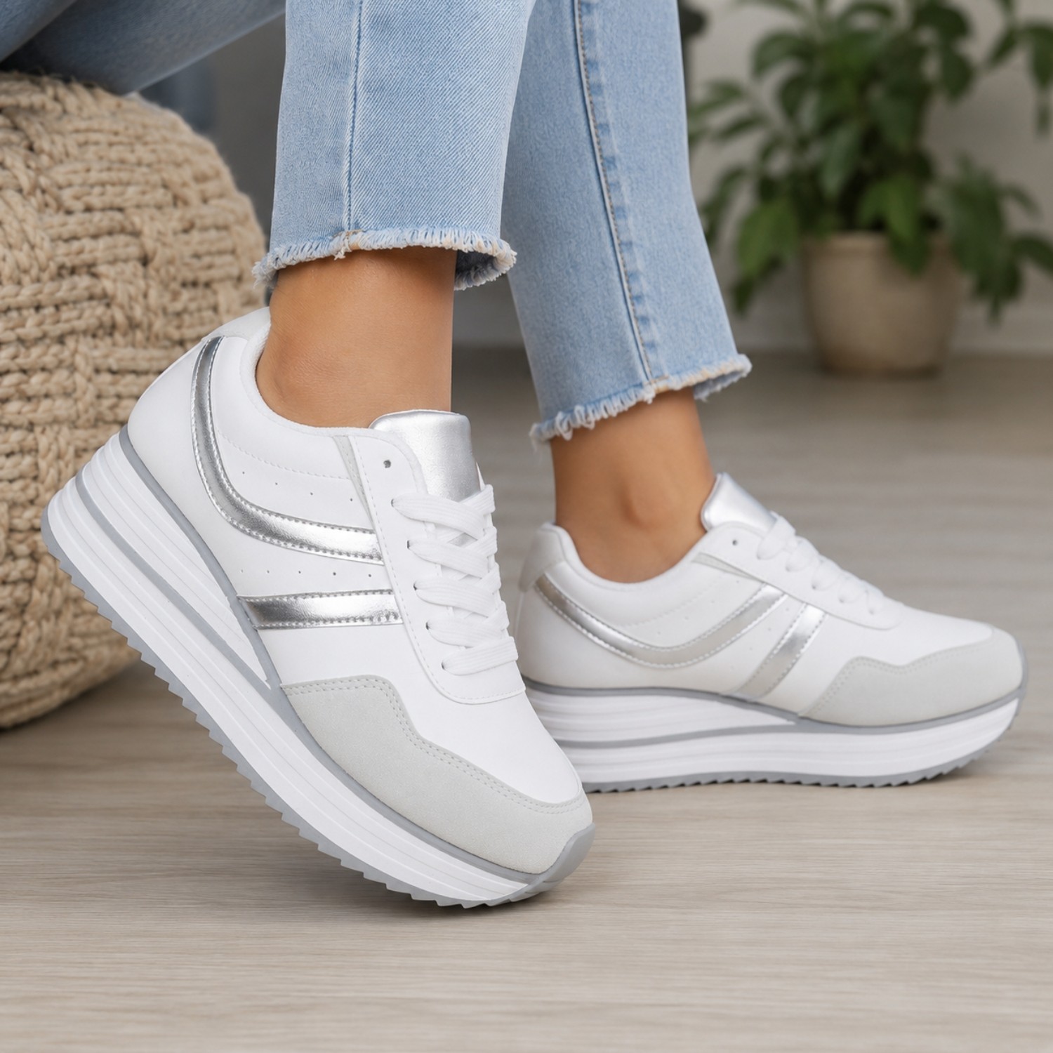 Outwoods Women’s Brenna-2 White Platform Fashion Sneaker, Silver Combo