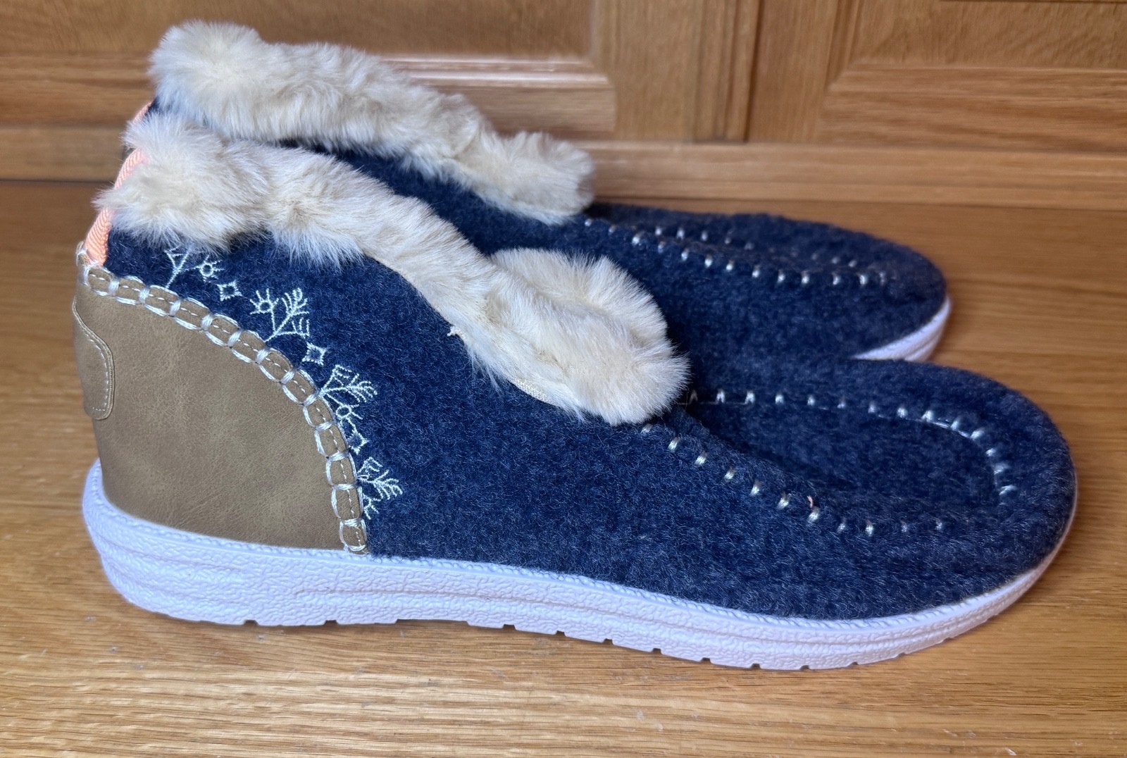 New Women’s Sz 8 1/2 Uk 6.5 Eur 39 Blue Fabric Faux Fur Lined Shoes