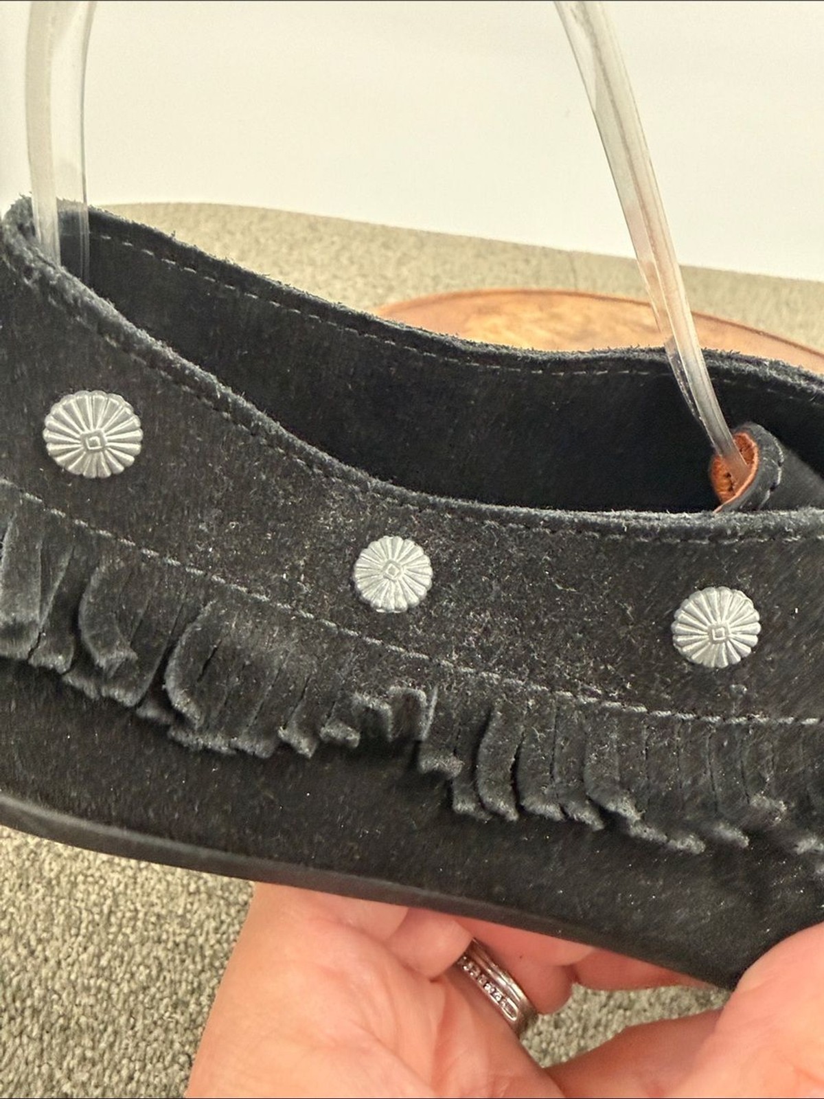 Minnetonka Shoes Wm 9 Black Leather Moccasin Fringe Studded Bootie Boho Hippie