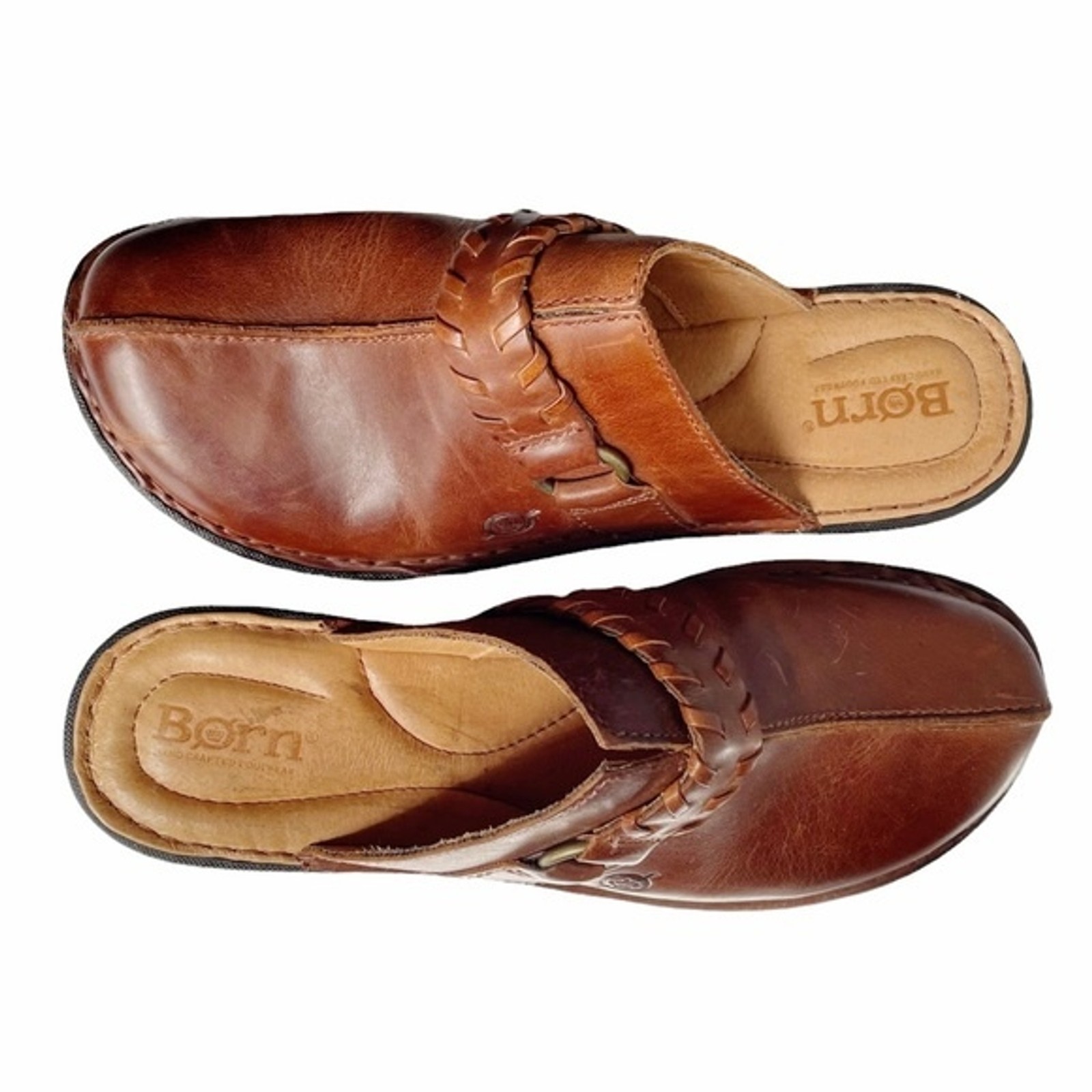 Born Mules Brown Leather Saddle Stich Braided Decorative Strap Women’s Size 7
