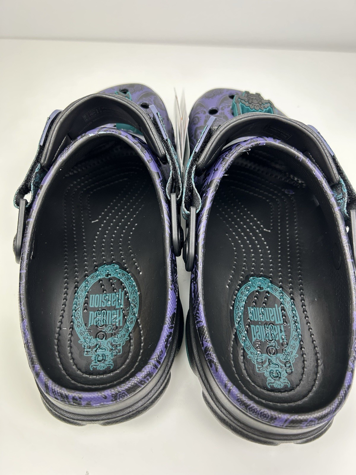 Disney Haunted Mansion Crocs Shoes Womens 9 Mens 7 Purple Black Wallpaper Clogs