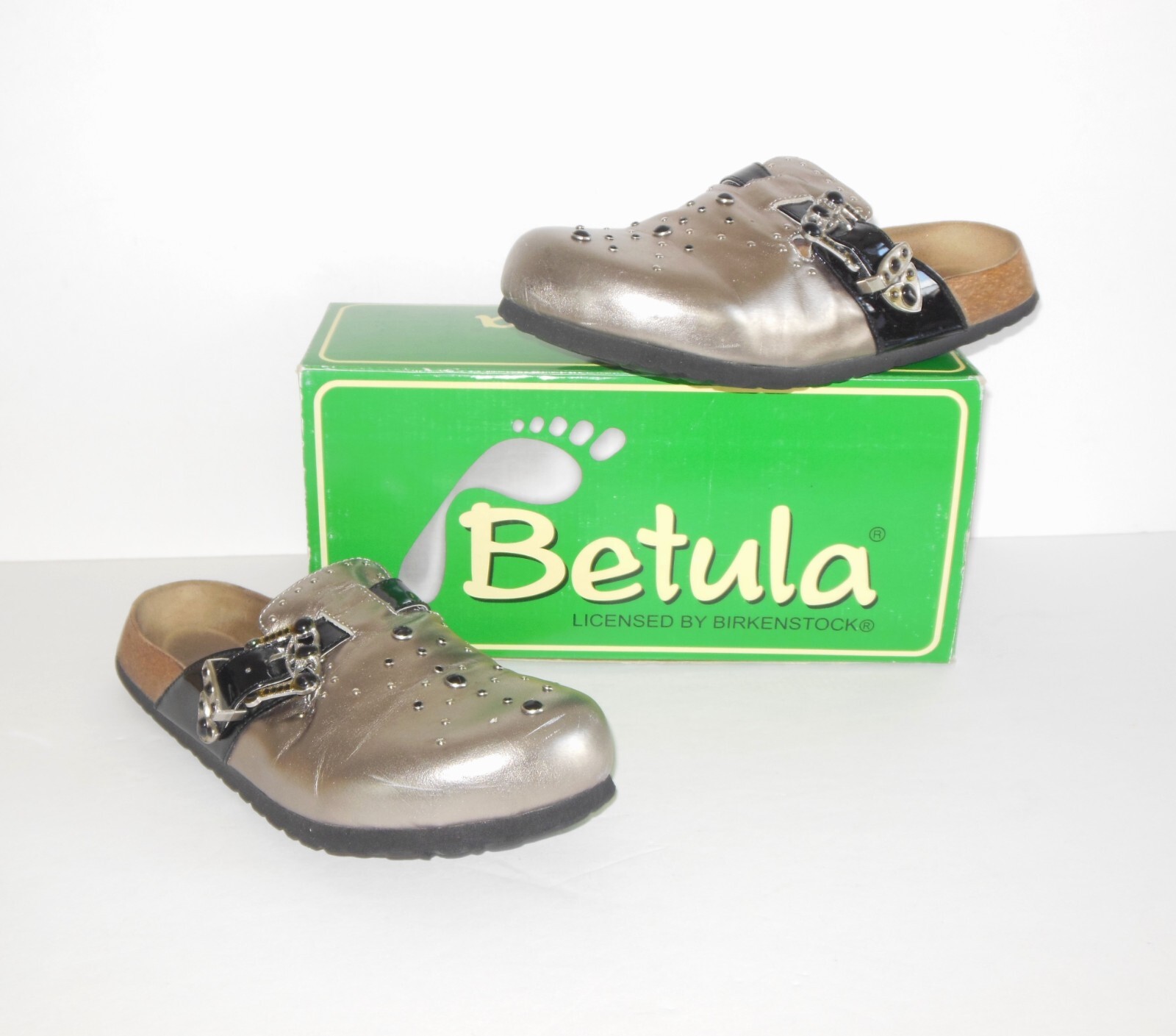 Birkenstock Betula ROCKO Leather Mules sz 40 L 9 M7 Pewter Studded Clogs w Box
