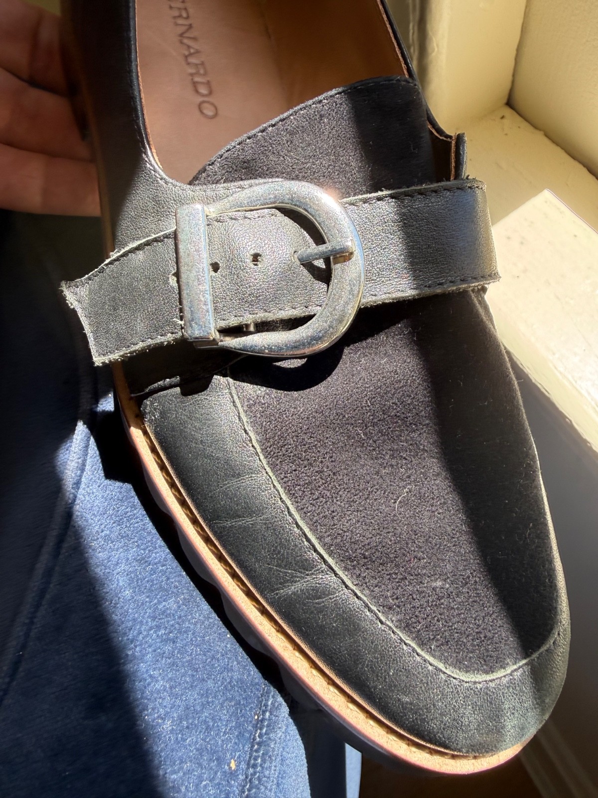 BERNARDO Leather Suede Monk Strap Buckle Lug Sole Loafers Shoes Black Women 6M