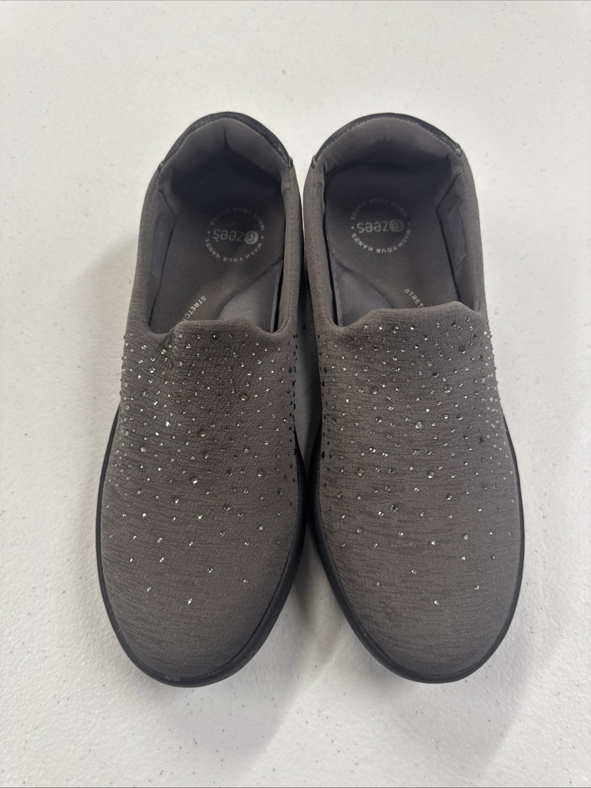 Women’s Gray Rhinestone Knit Slip-On Comfort Sneakers – Size 9.5