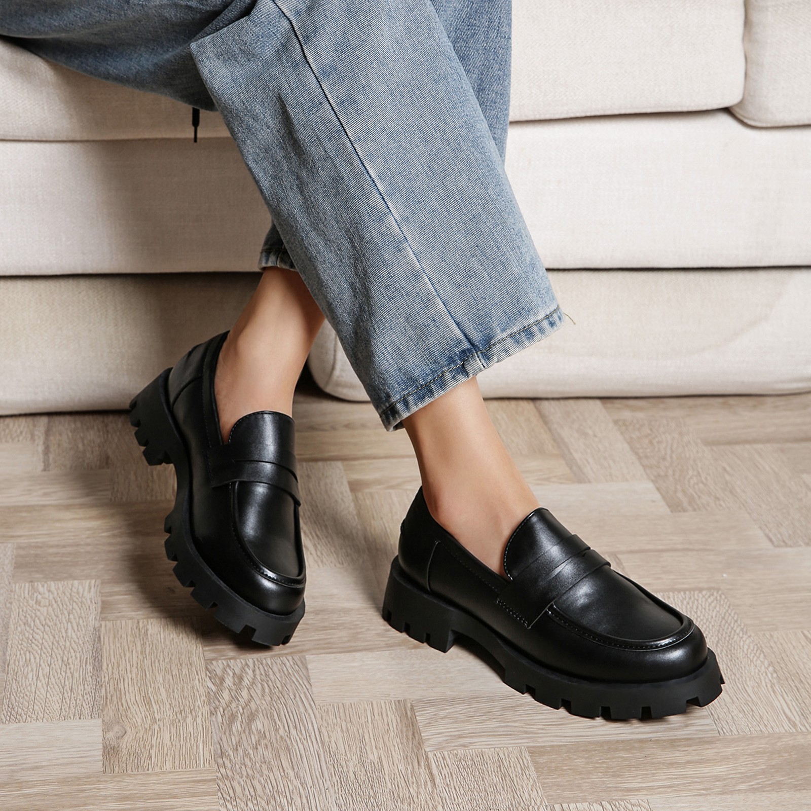 Women Platform Chunky Heel Penny Loafers Office Work Comfort Loafer Shoes