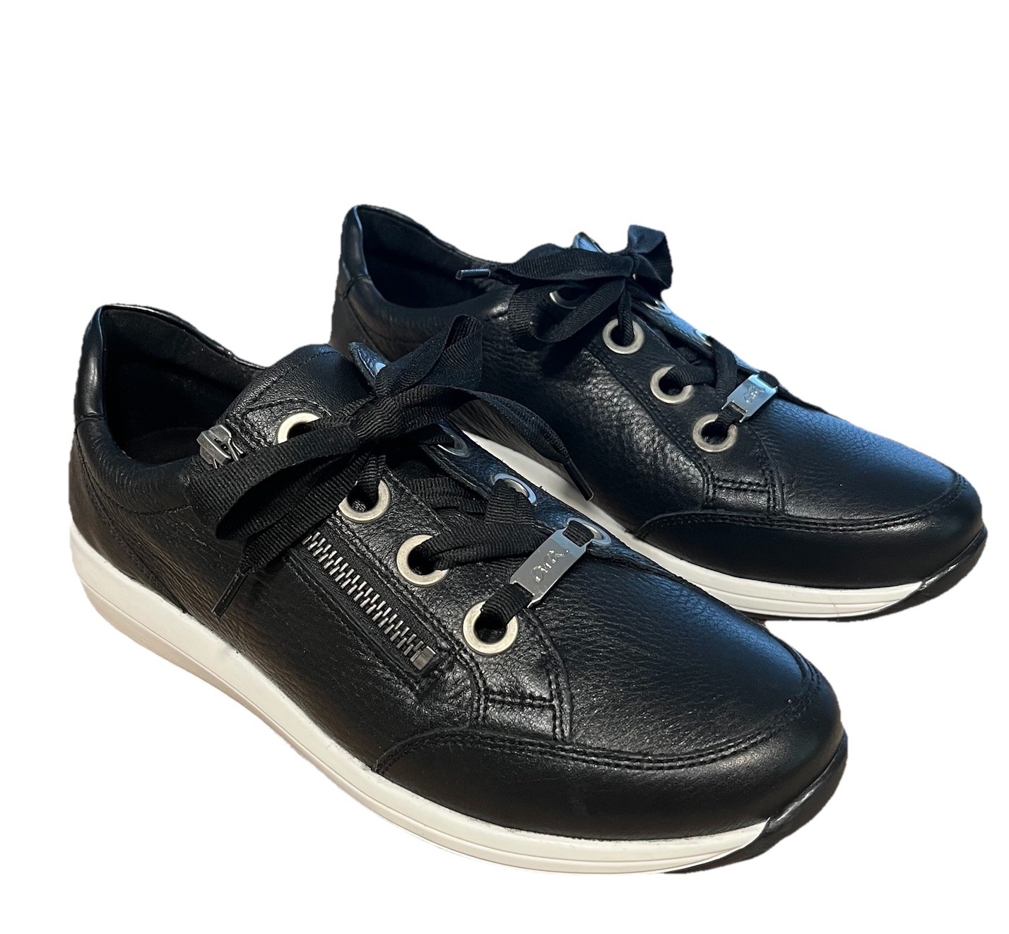 ARA Ollie High Soft Black Leather Women Sz 6.5 Comfort Tie/Zip Sneaker Excellent