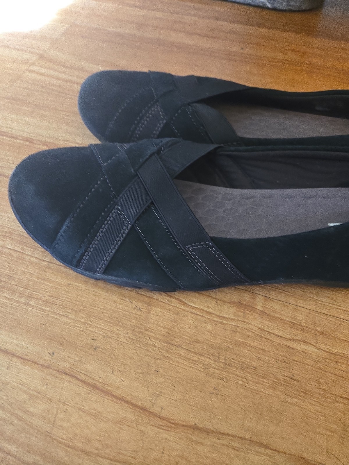black suede Clarks Haley Jay slip-on comfort flats, crisscross elastic Straps