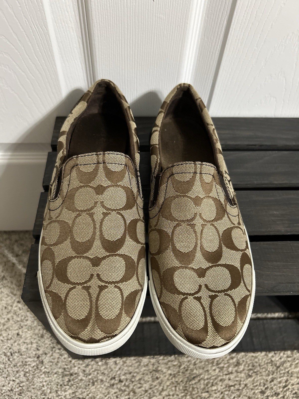 Brown Canvas Coach Allegra Slip On Sneakers W/ Signature Logo Sz 8.5B