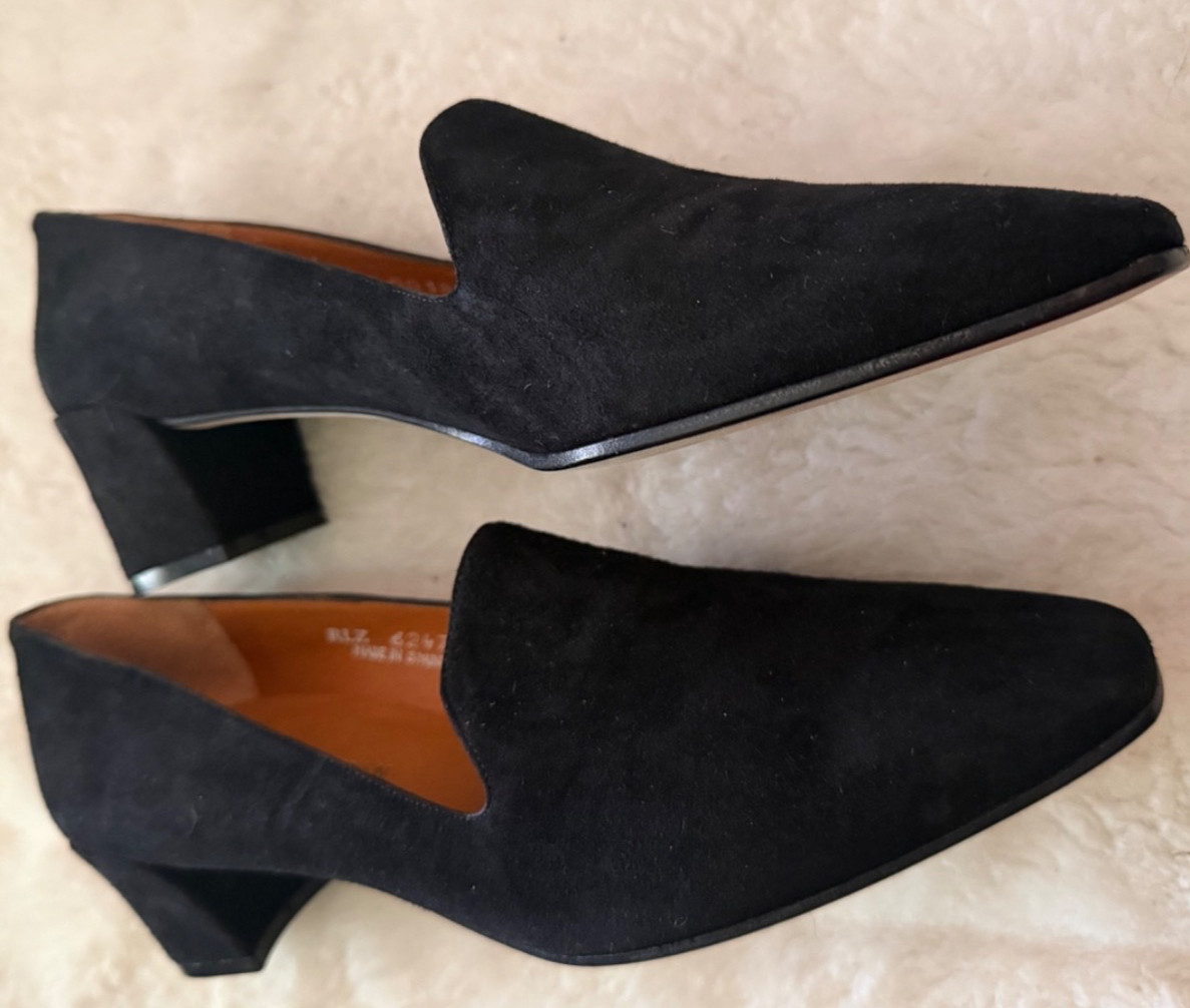 RALPH LAURED SIZE 6.5 Black Suede Covered Block Heel JADA Slip On Almond Toe