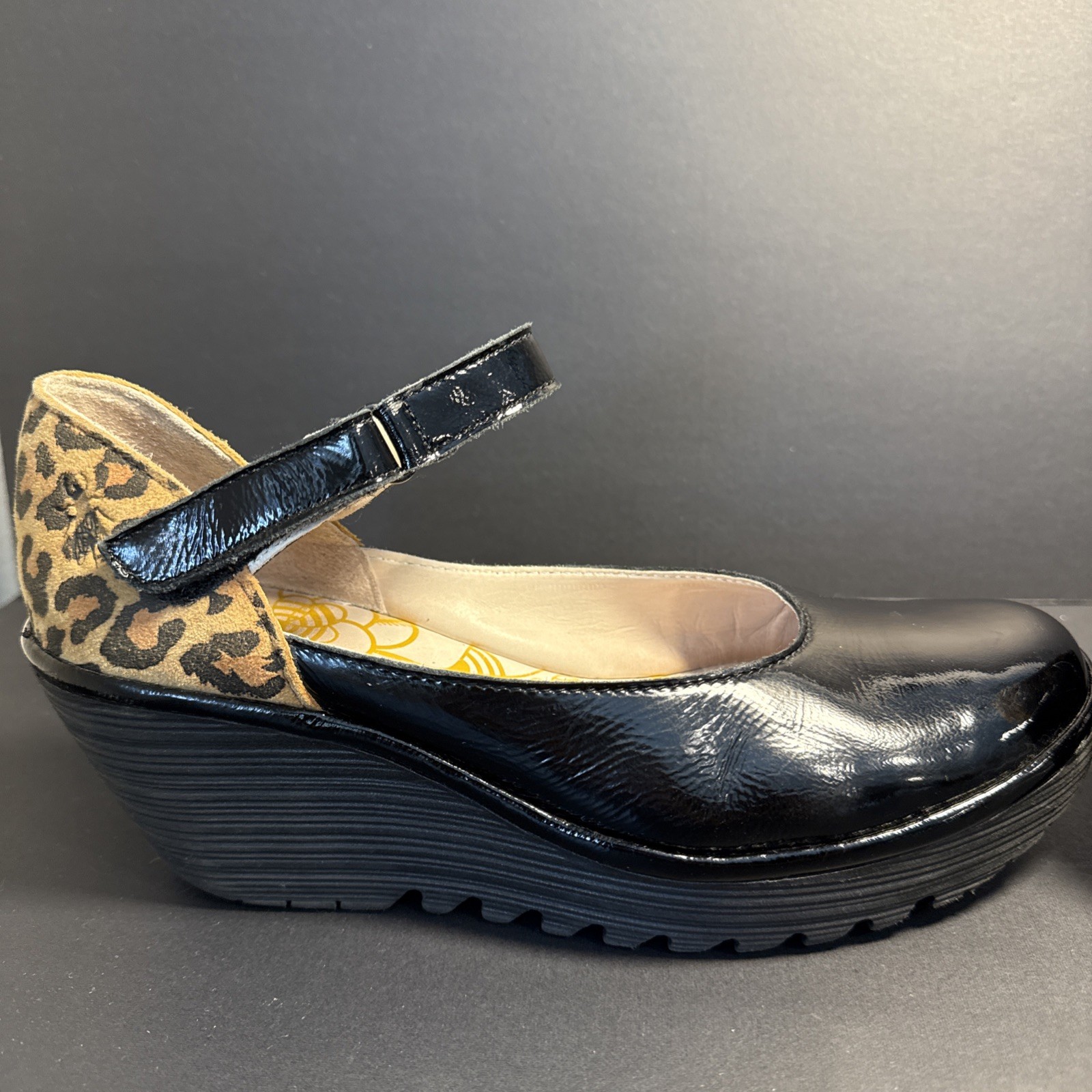 Fly London Leather Women’s Wedge Black Patent Leopard Suede Heel Size 38 US 8