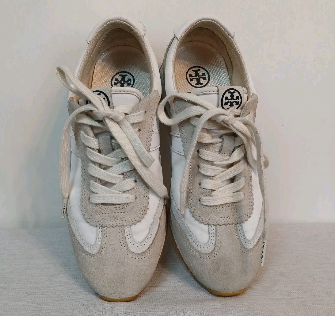 Tory Burch Hank Leather Suede Sneaker Womens 6 Snow White Beige Gum Lace