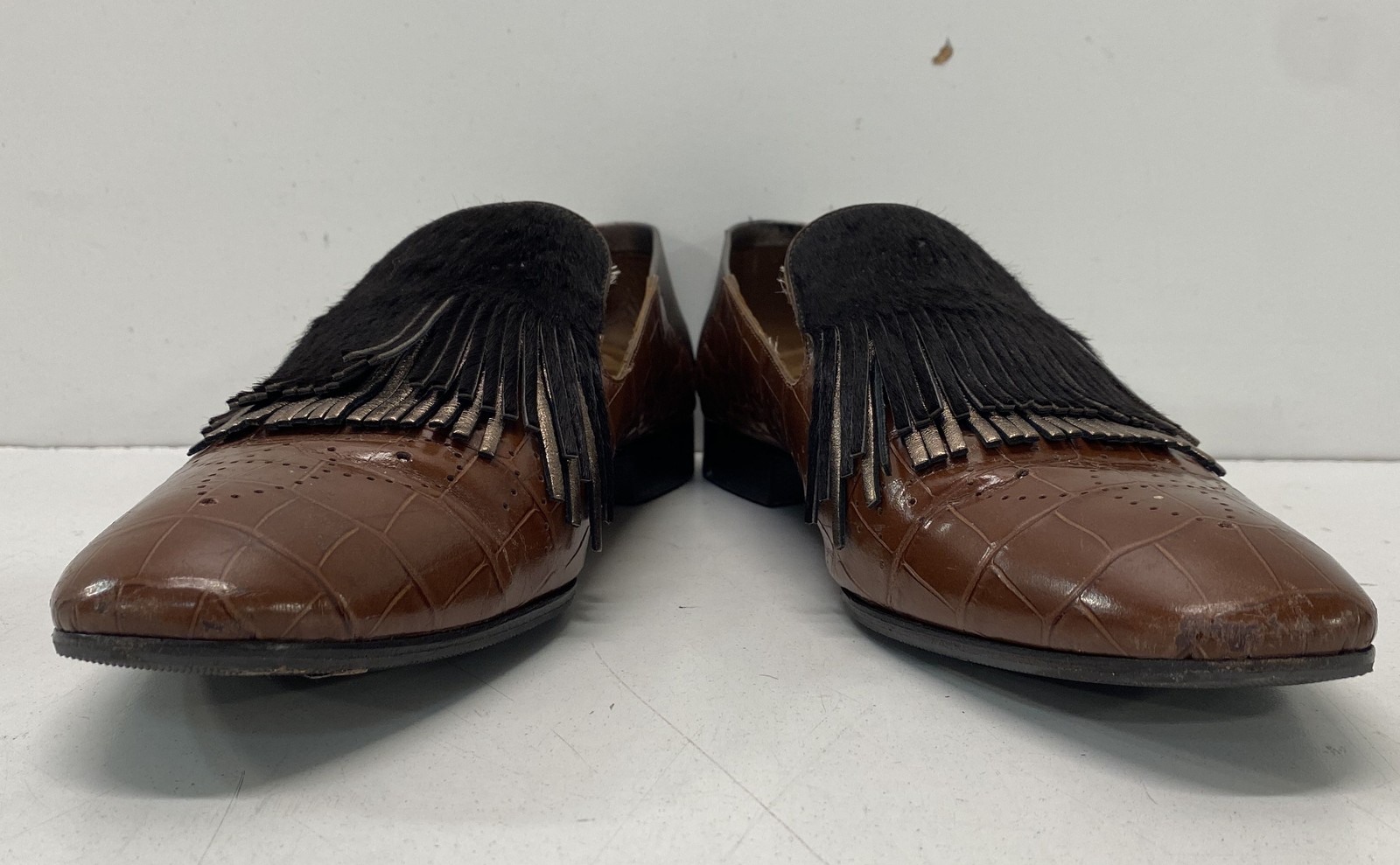Fratelli Rossetti Brown Croc Embossed Pony Hair Kiltie Loafers Italy Size 40.5