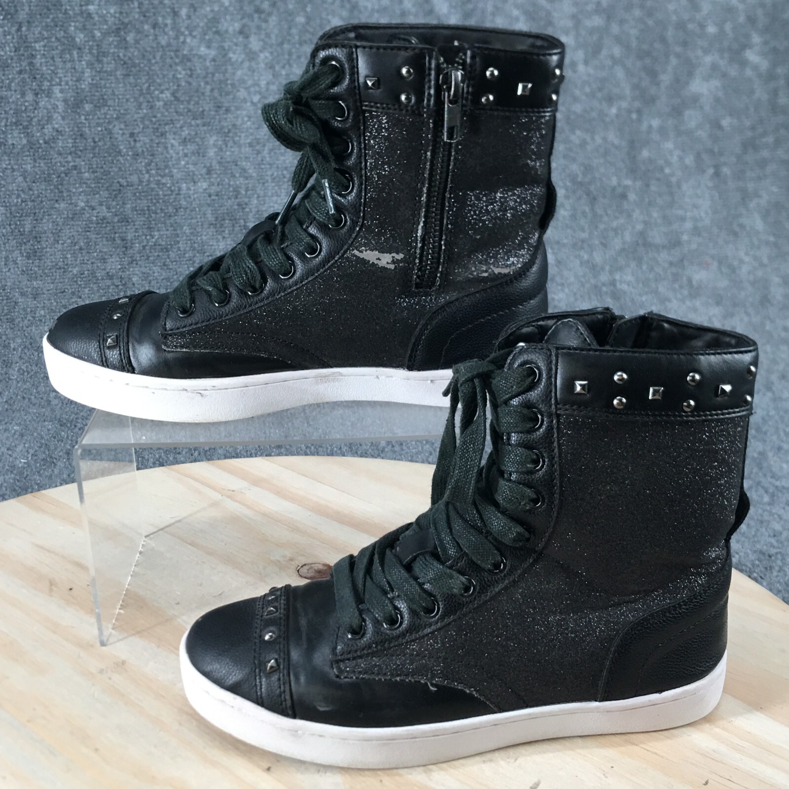 Pastry Shoes Womens 5.5 High Top Sneakers Black Glittered Faux Leather Lace Up