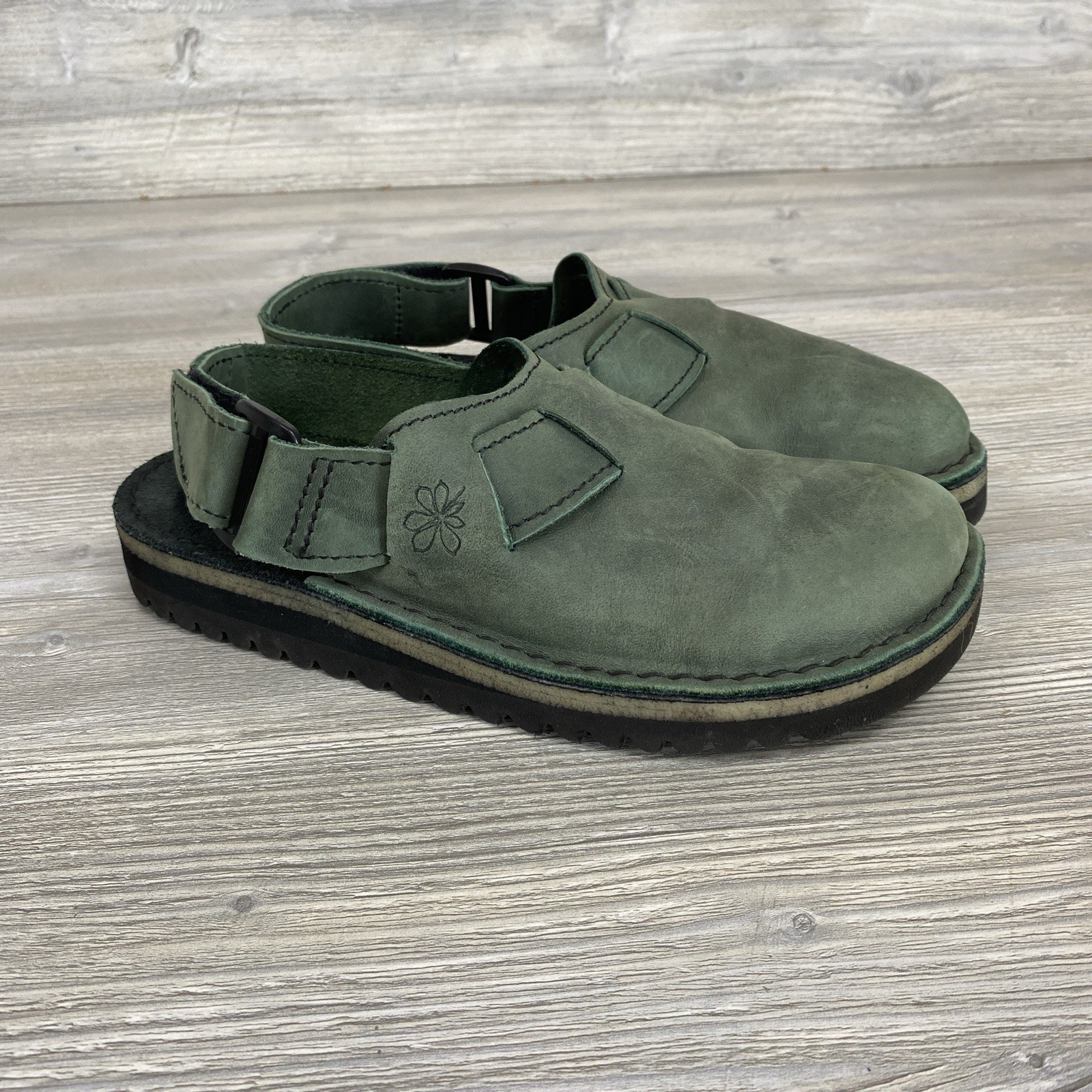 Conker Elastic Mule Women US 7 Moss Green Leather Slide Shoe Handmade Vibram