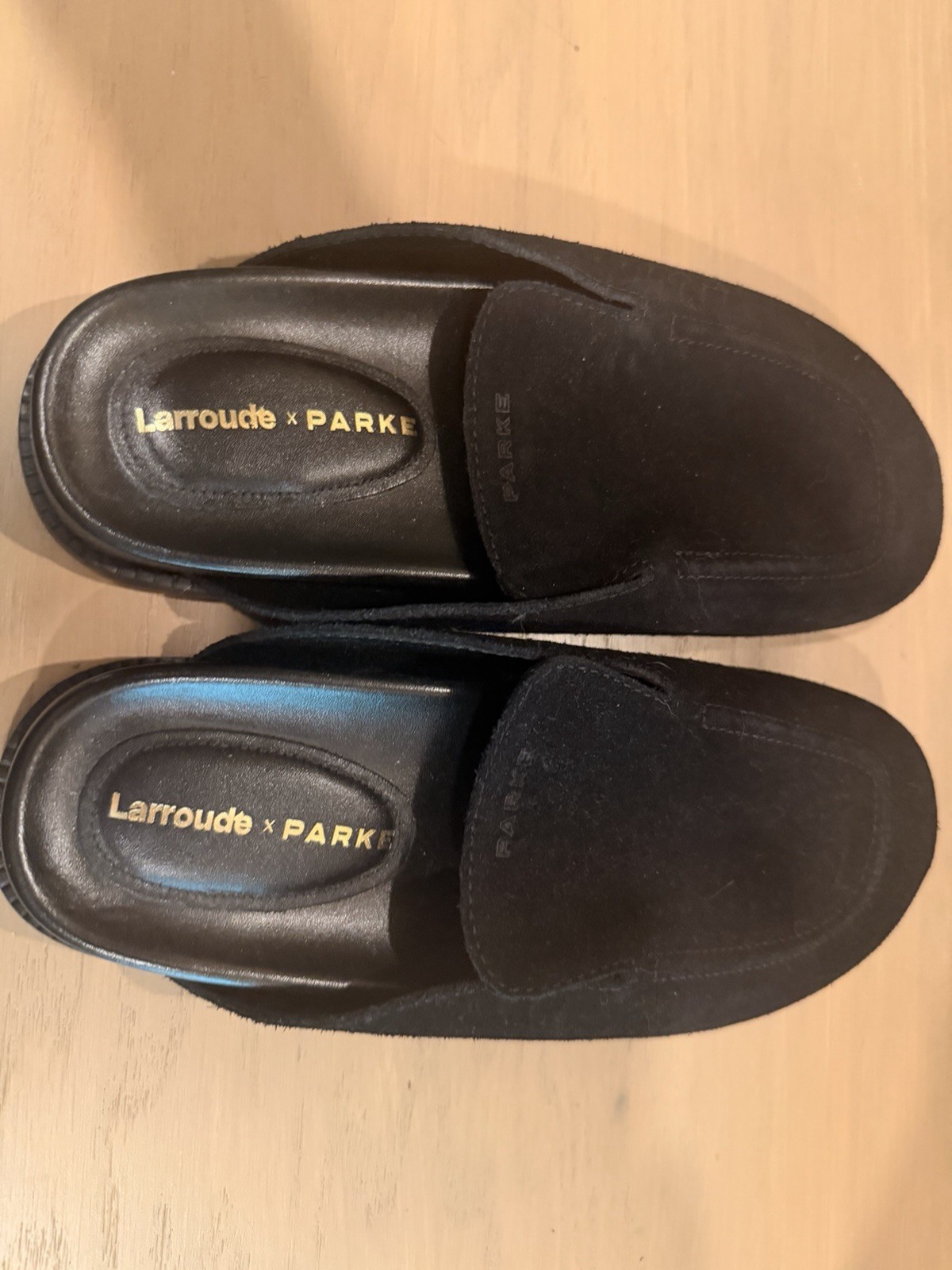 Larroude x Parke Black Suede Clogs