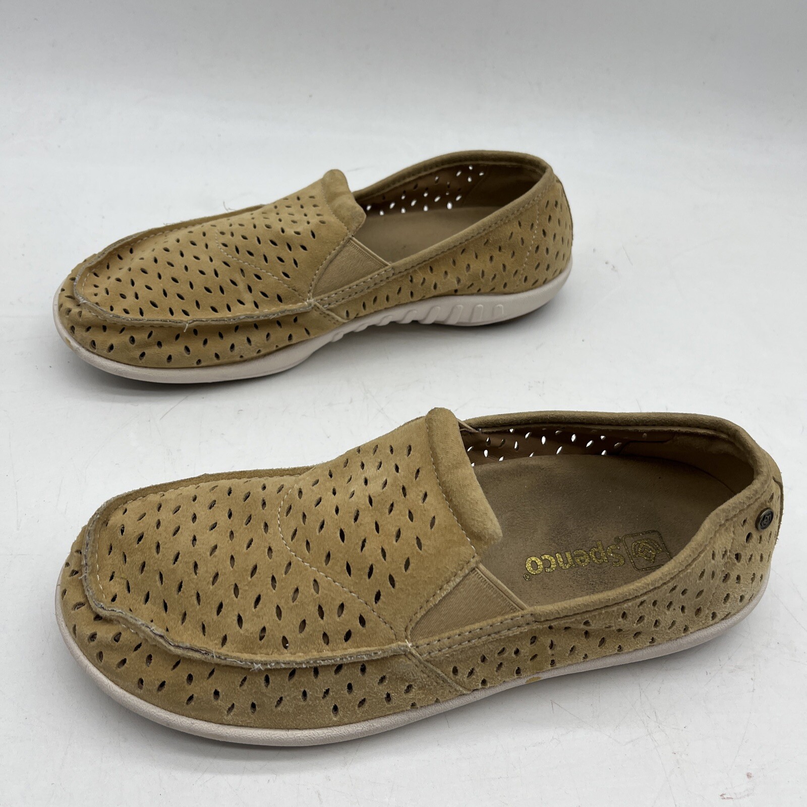 Spenco Bailey Slip On Loafer Flat Womens 8.5 Laser Cut Suede Brown Orthotic Shoe