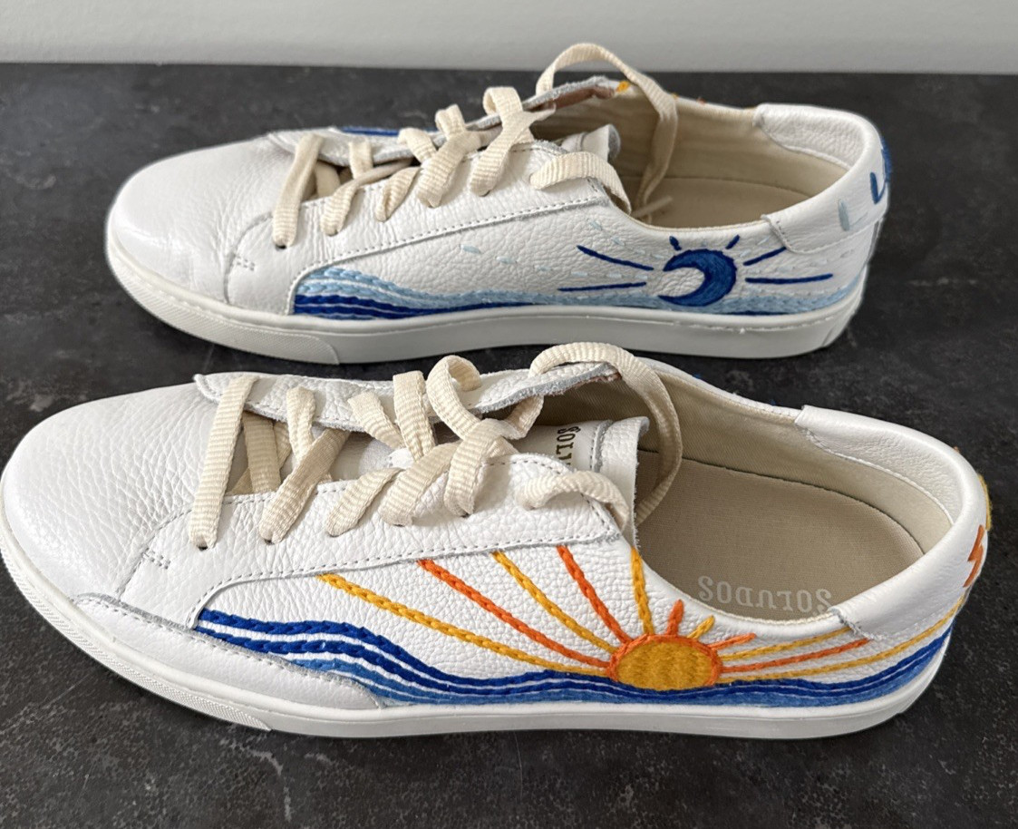 Soludos Women’s Ibiza Classic Sunrise Sunset Embroidered Leather Sneakers Sz 10