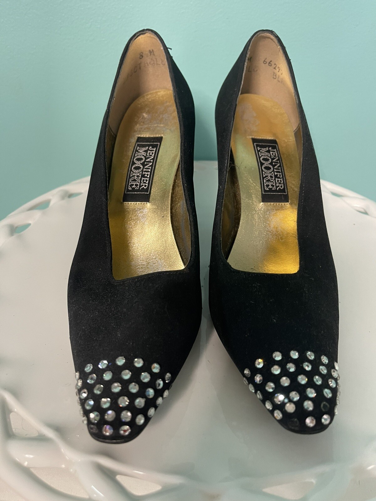 Women’s Jennifer Moore Dress Heels 8M N Black w White Rhinestone Trim