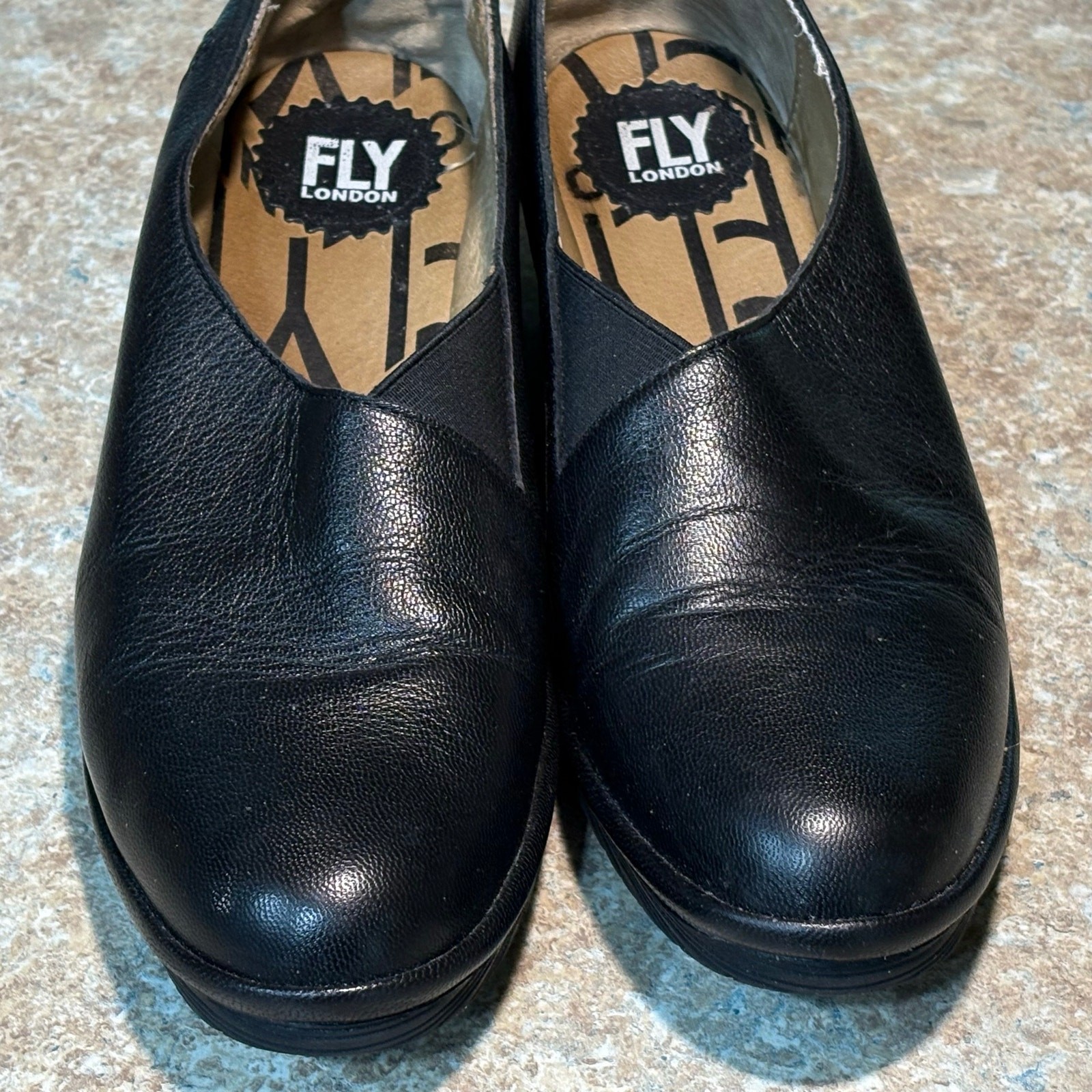 Fly London Black Peso Wedge Classic Comfort Leather Slip on Shoes Size 40