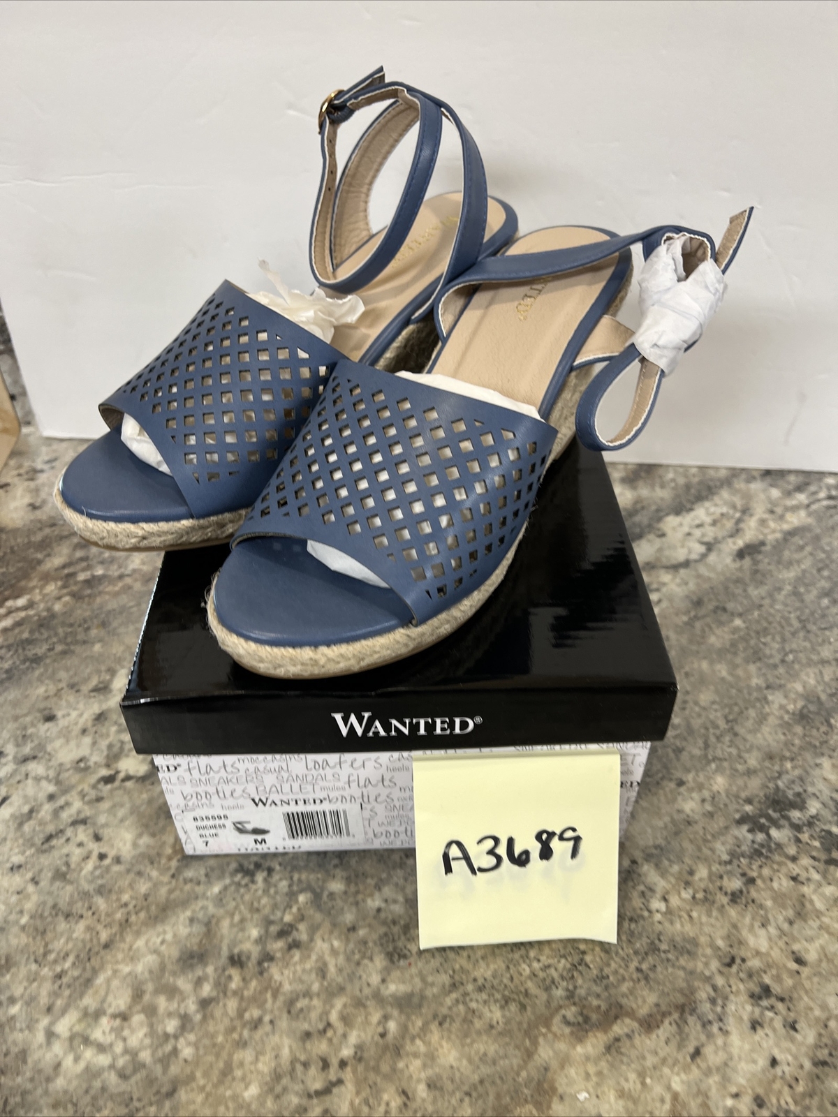 Wanted Women’s Wedge Sandals Duchess Blue Sz 7M Perforated Leather