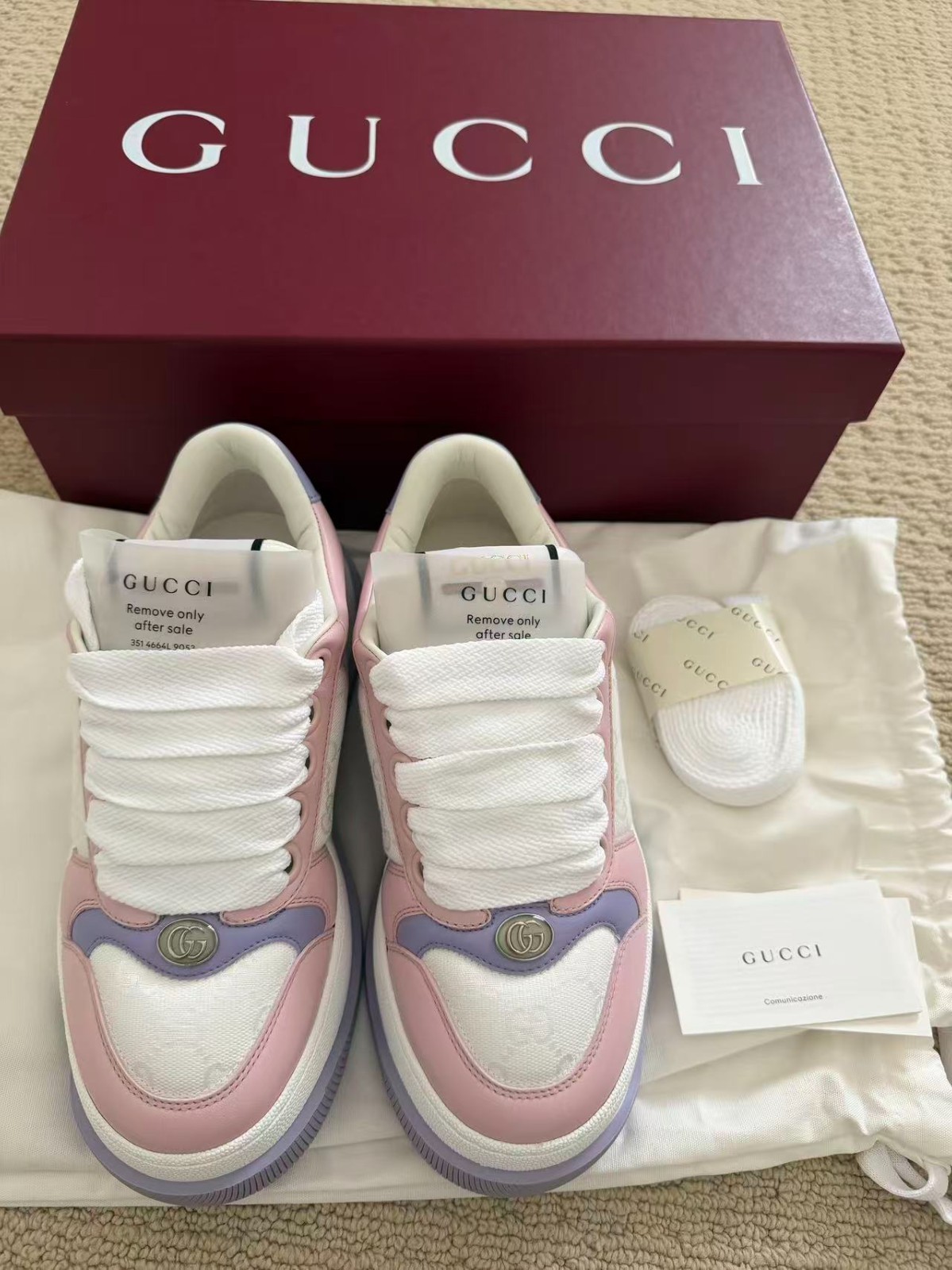 Gucci GG Women Sneakers Pink Lavender White Platform Shoes Size 37.5 Made Italy